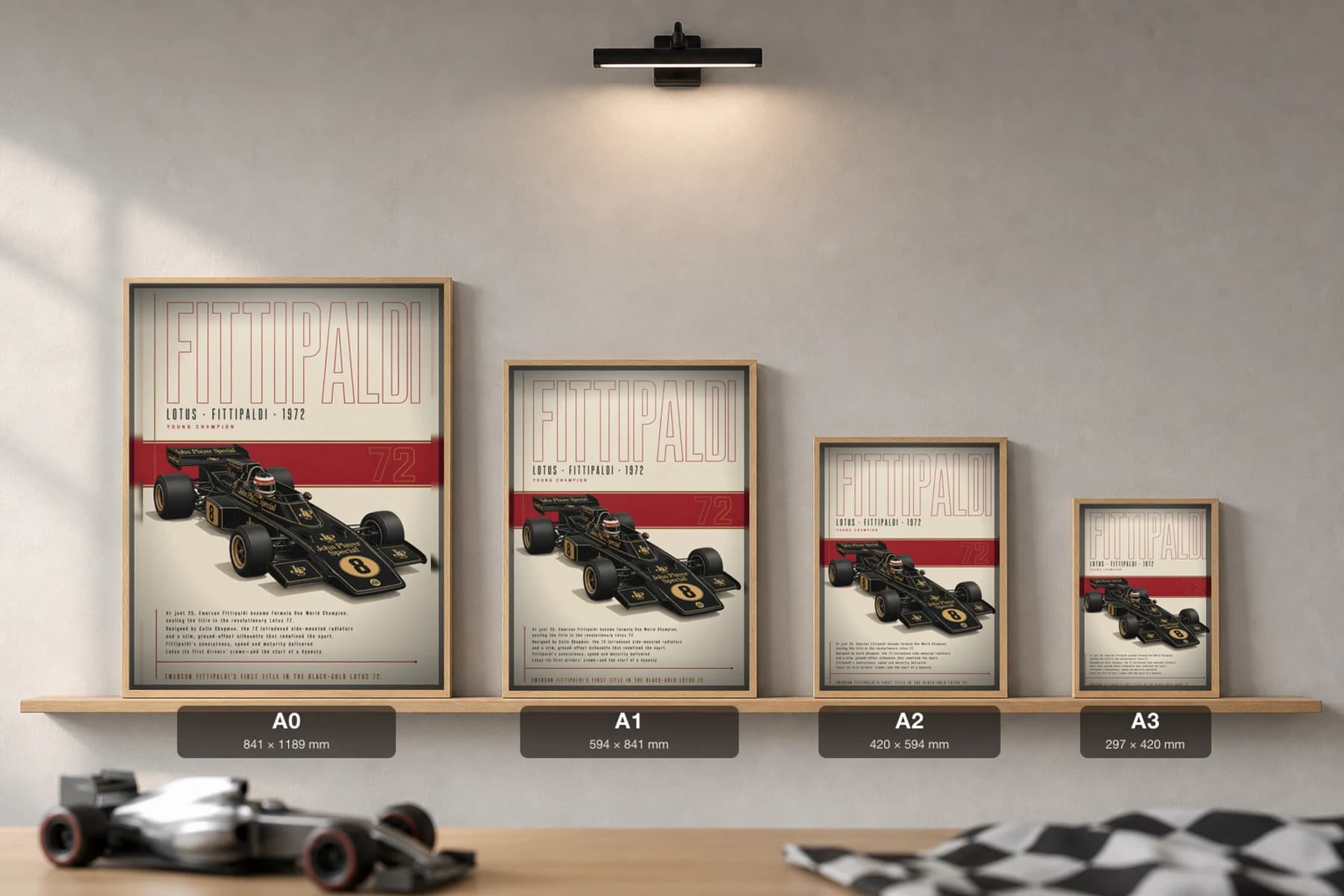 Emerson Fittipaldi — Emerson Fittipaldi — classic Lotus 72 heritage plate Poster — 72 F1 Grid Editorial Wall Art · framed A2 — print size guide showing the artwork at A0, A1, A2 and A3 in natural-oak frames at true relative scale