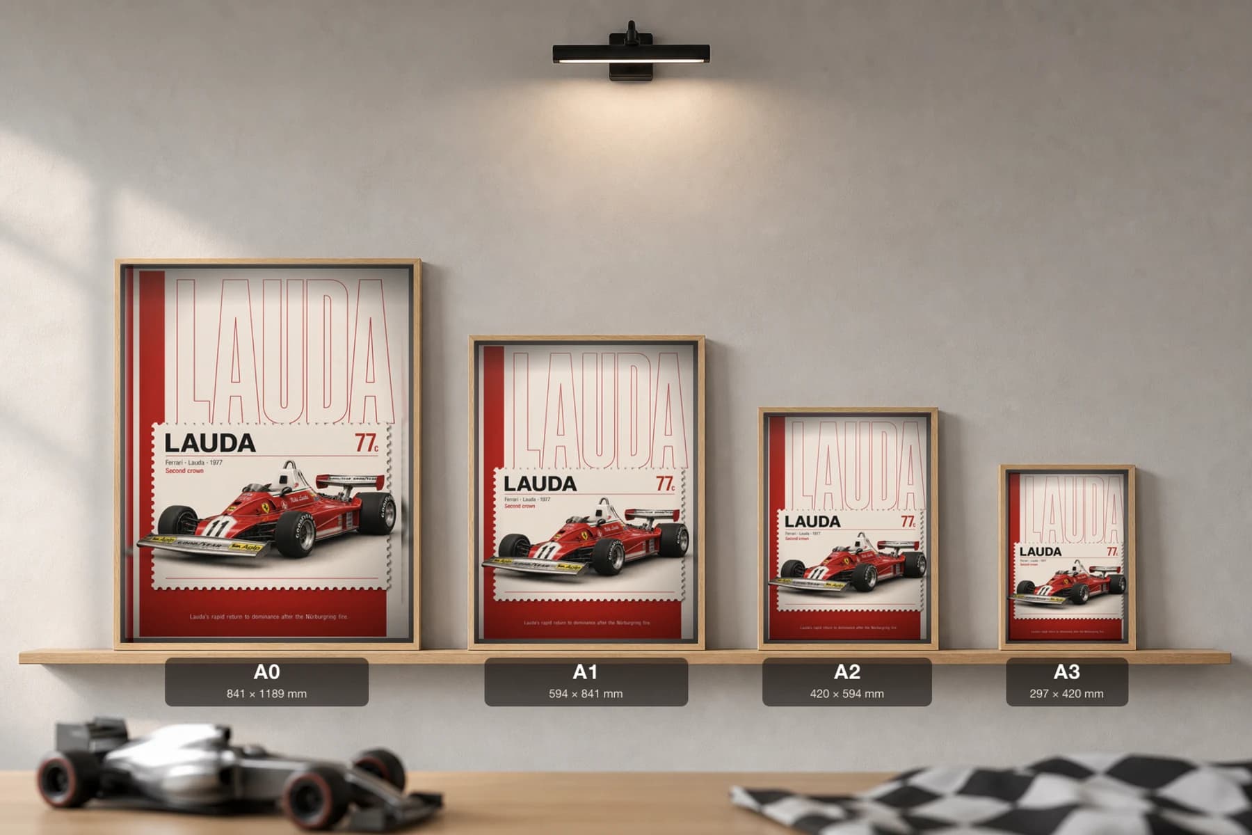 Niki Lauda — Niki Lauda — classic Ferrari 77 heritage plate Poster — 77 F1 Grid Editorial Wall Art · framed A2 — print size guide showing the artwork at A0, A1, A2 and A3 in natural-oak frames at true relative scale
