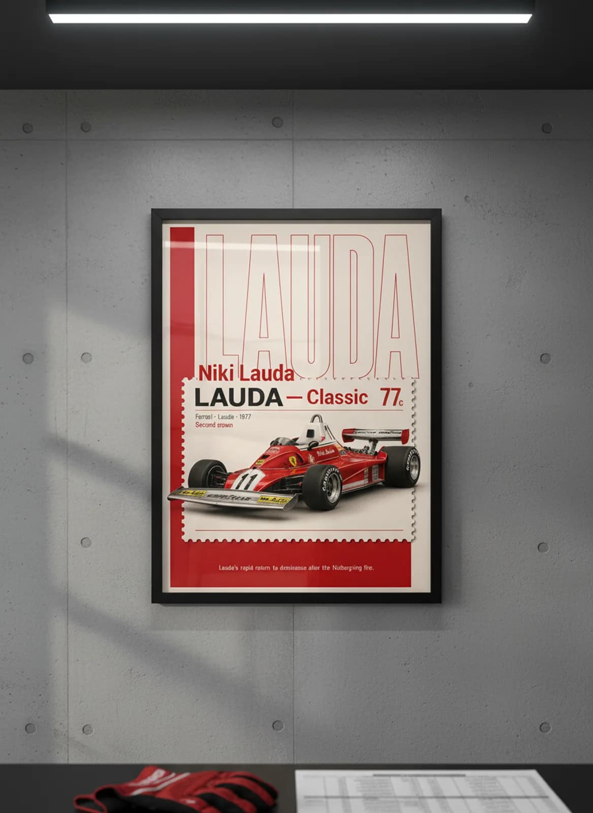 Niki Lauda — Classic F1 Grid print in black A2 frame on rosso-corsa editorial-slate wall — Formula 1 media room mockup