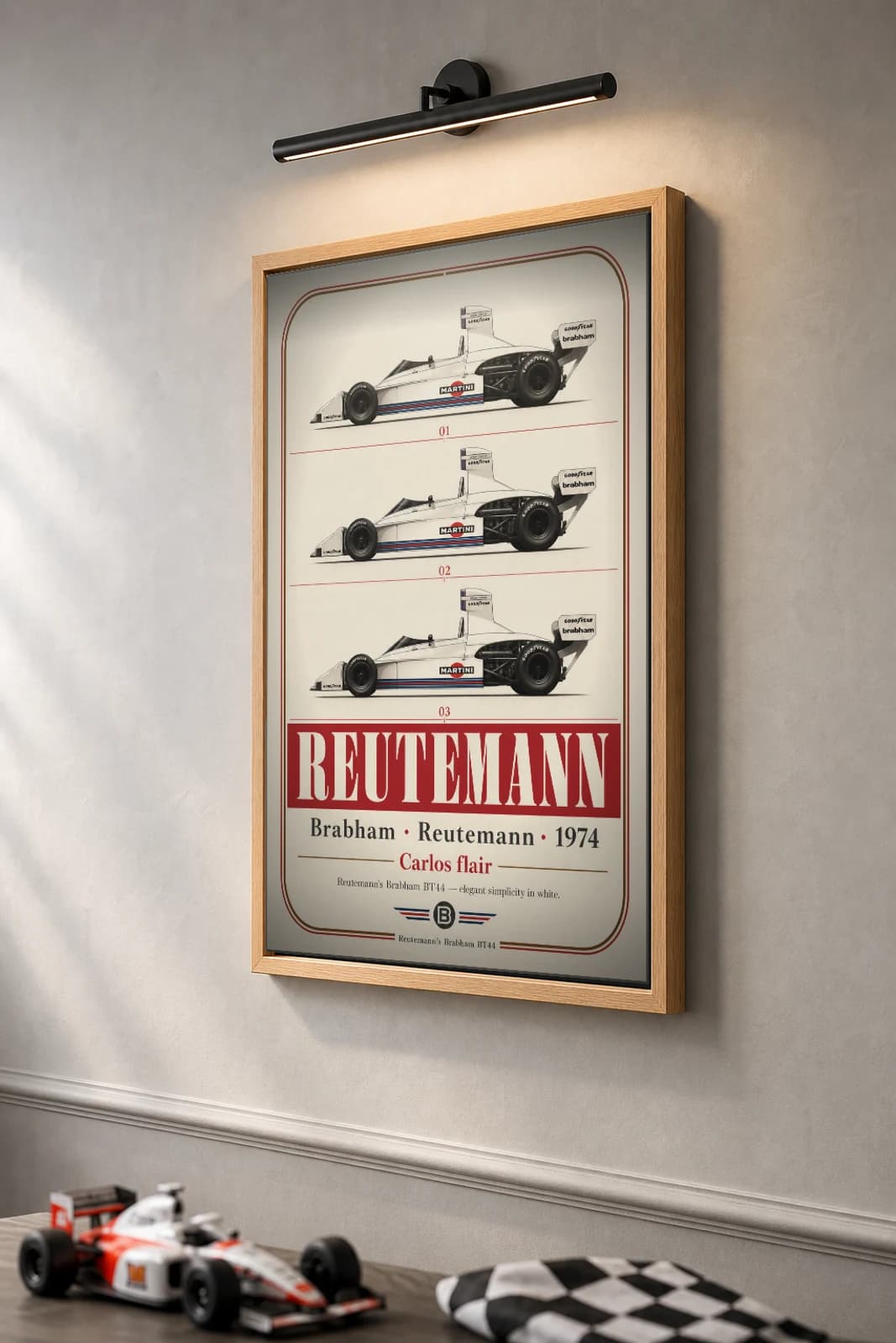 Carlos Reutemann — Carlos Reutemann — classic Brabham 74 heritage plate Poster — 74 F1 Grid Editorial Wall Art · framed A2 — the framed print shown at a three-quarter angle on a styled gallery wall in a natural-oak frame
