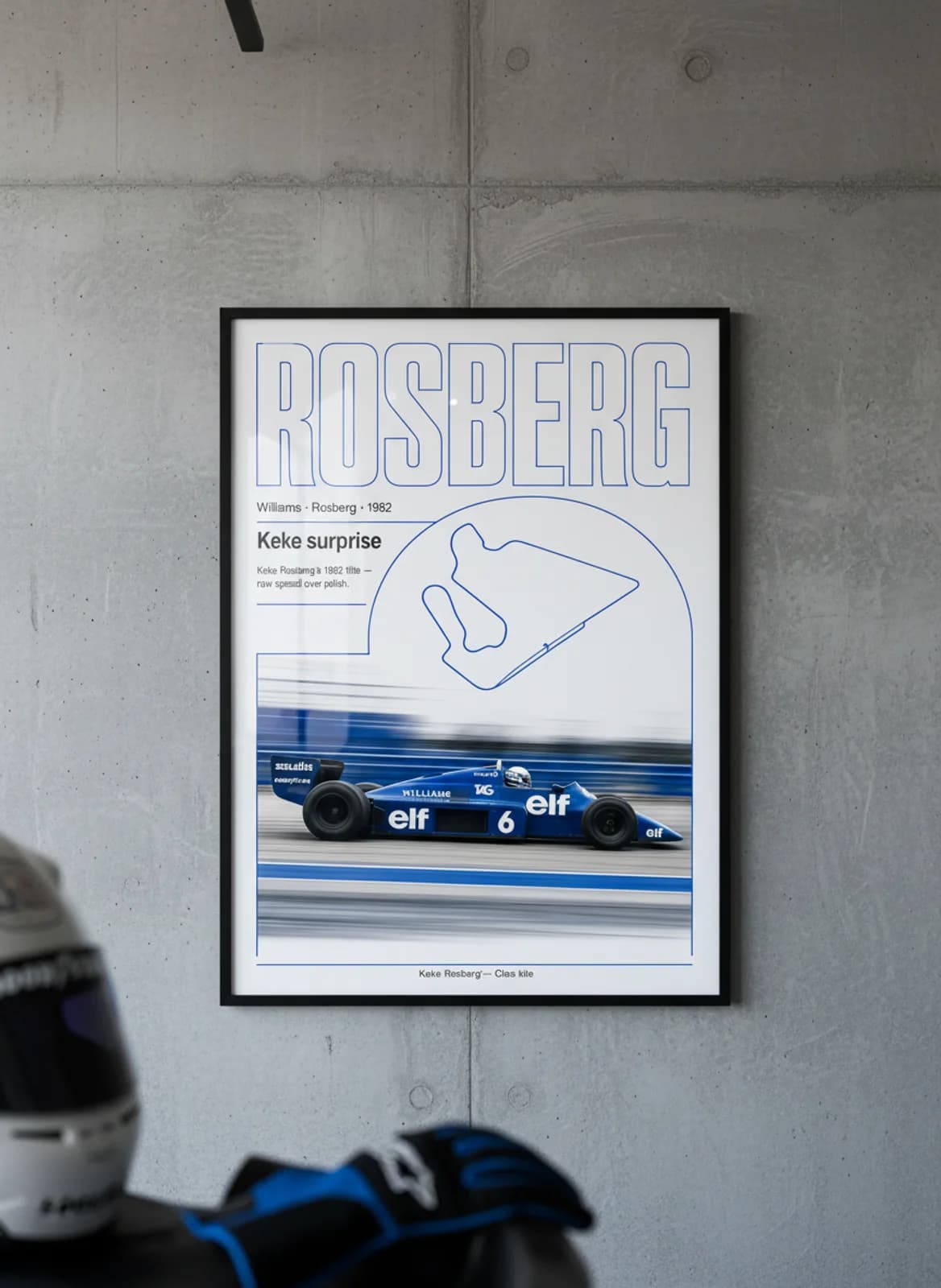 Keke Rosberg — Classic F1 Grid print in black A2 frame on williams-blue editorial-slate wall — Formula 1 media room mockup
