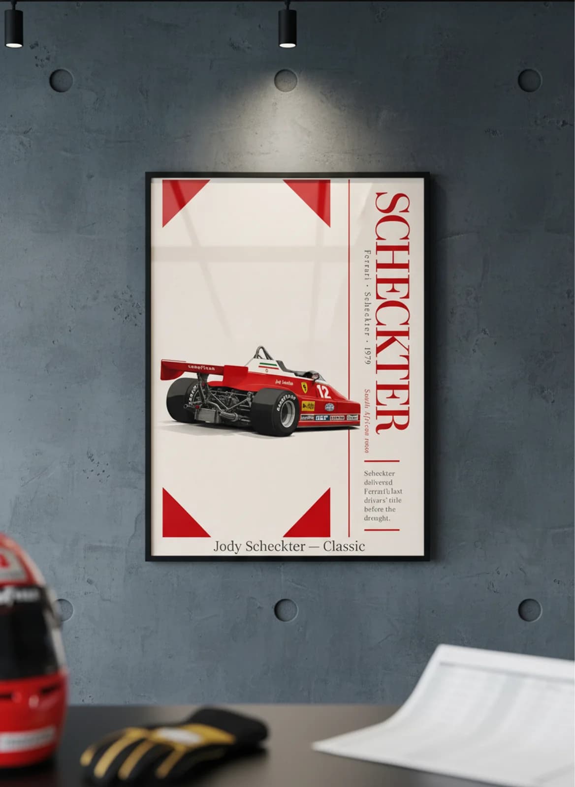Jody Scheckter — Classic F1 Grid print in black A2 frame on rosso-corsa editorial-slate wall — Formula 1 media room mockup