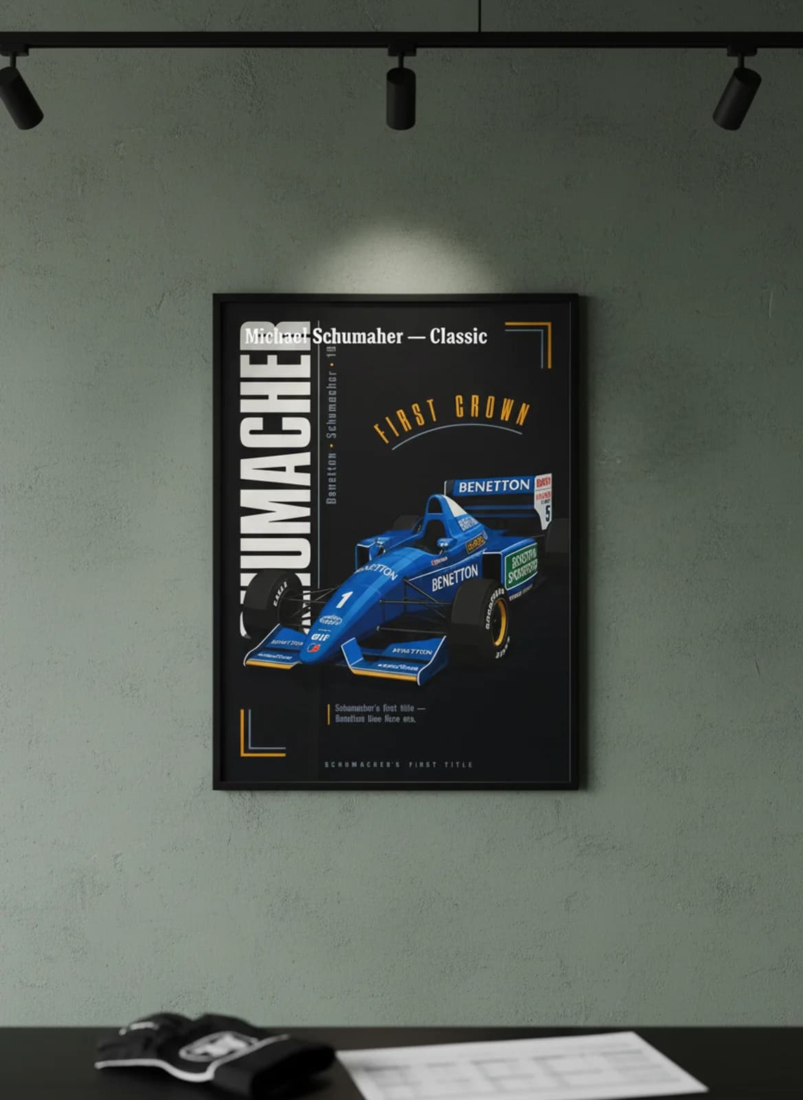 Michael Schumacher — Classic F1 Grid print in black A2 frame on benetton-green editorial-slate wall — Formula 1 media room mockup