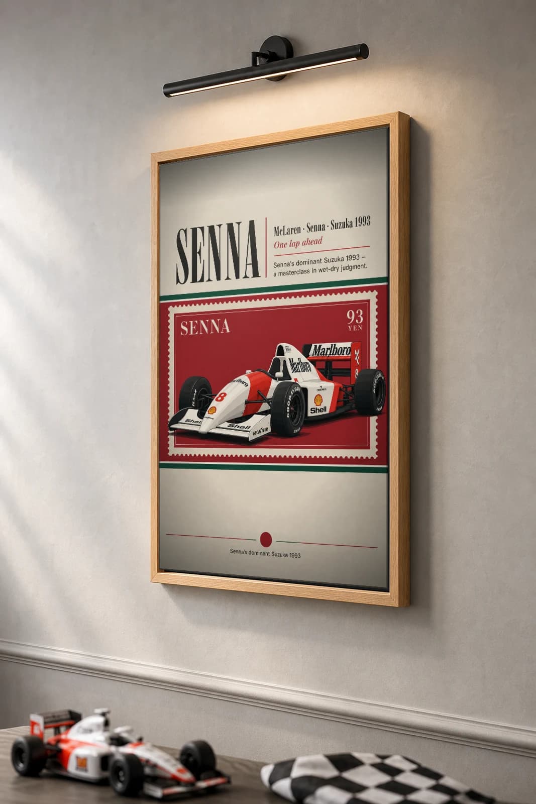 Ayrton Senna — Ayrton Senna — classic Suzuka 93 heritage plate Poster — 93 F1 Grid Editorial Wall Art · framed A2 — the framed print shown at a three-quarter angle on a styled gallery wall in a natural-oak frame