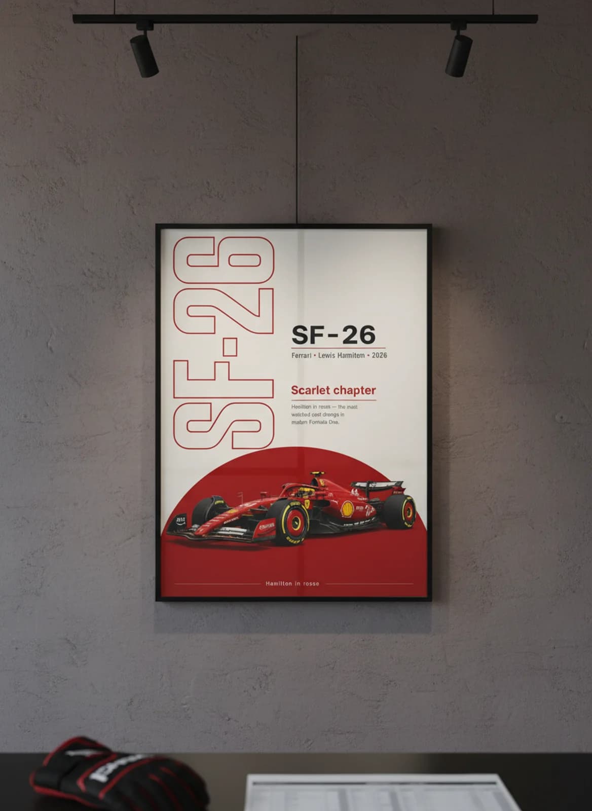 Lewis Hamilton — SF-26 F1 Grid print in black A2 frame on rosso-corsa editorial-slate wall — Formula 1 media room mockup