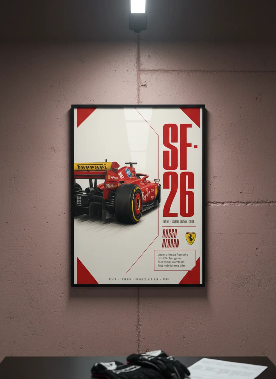 Charles Leclerc — SF-26 F1 Grid print in black A2 frame on rosso-corsa editorial-slate wall — Formula 1 media room mockup