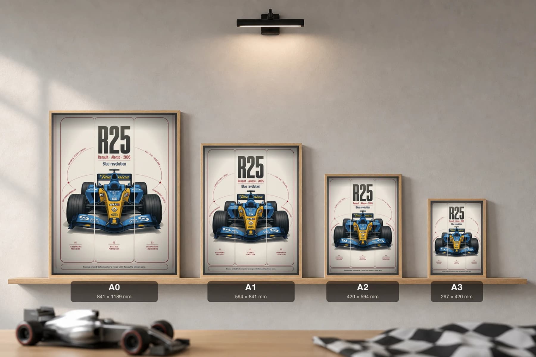 Fernando Alonso — Renault R25 first title Poster — 2005 F1 Grid Editorial Wall Art · framed A2 — print size guide showing the artwork at A0, A1, A2 and A3 in natural-oak frames at true relative scale