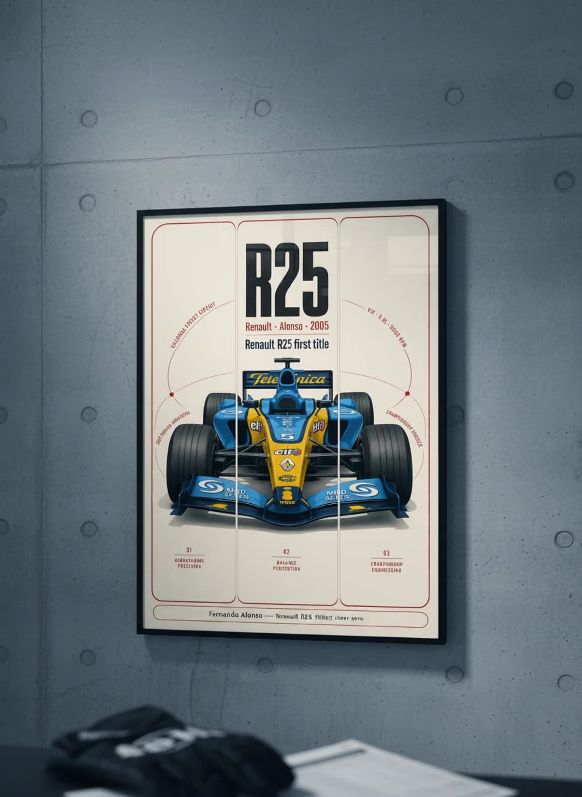 Fernando Alonso — Renault R25 first title F1 Grid print in black A2 frame on gold-seal-accent editorial-slate wall — Formula 1 media room mockup