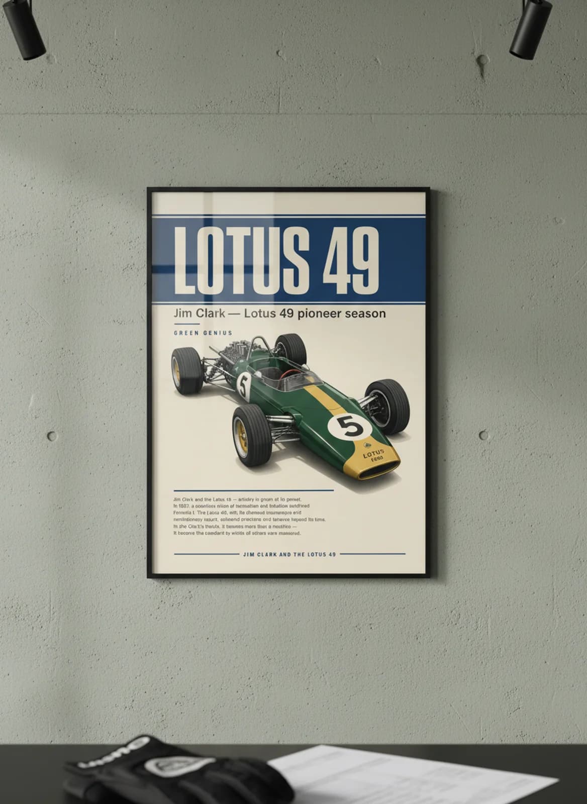 Jim Clark — Lotus 49 pioneer season F1 Grid print in black A2 frame on gold-seal-accent editorial-slate wall — Formula 1 media room mockup