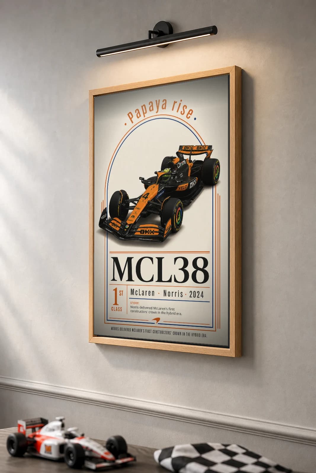 Lando Norris — 2024 McLaren resurgence Poster — 2024 F1 Grid Editorial Wall Art · framed A2 — the framed print shown at a three-quarter angle on a styled gallery wall in a natural-oak frame