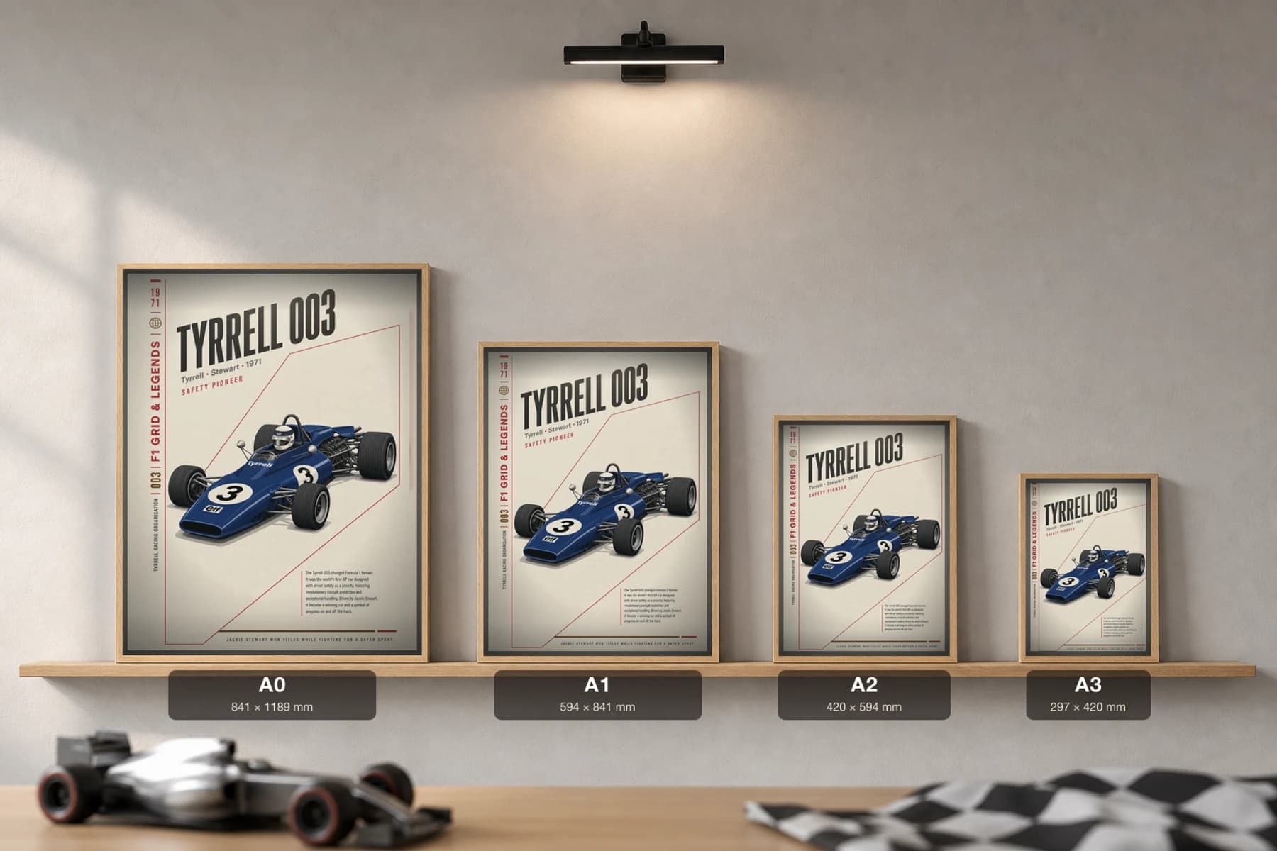 Jackie Stewart — Tyrrell 003 safety era Poster — 1971 F1 Grid Editorial Wall Art · framed A2 — print size guide showing the artwork at A0, A1, A2 and A3 in natural-oak frames at true relative scale