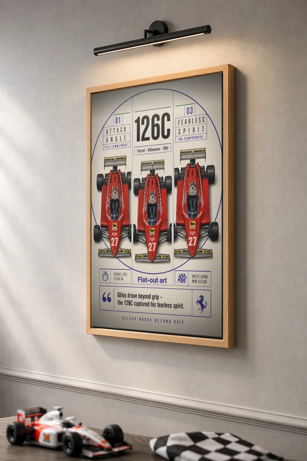 Gilles Villeneuve — Ferrari 126C Gilles heroics Poster — 1981 F1 Grid Editorial Wall Art · framed A2 — the framed print shown at a three-quarter angle on a styled gallery wall in a natural-oak frame