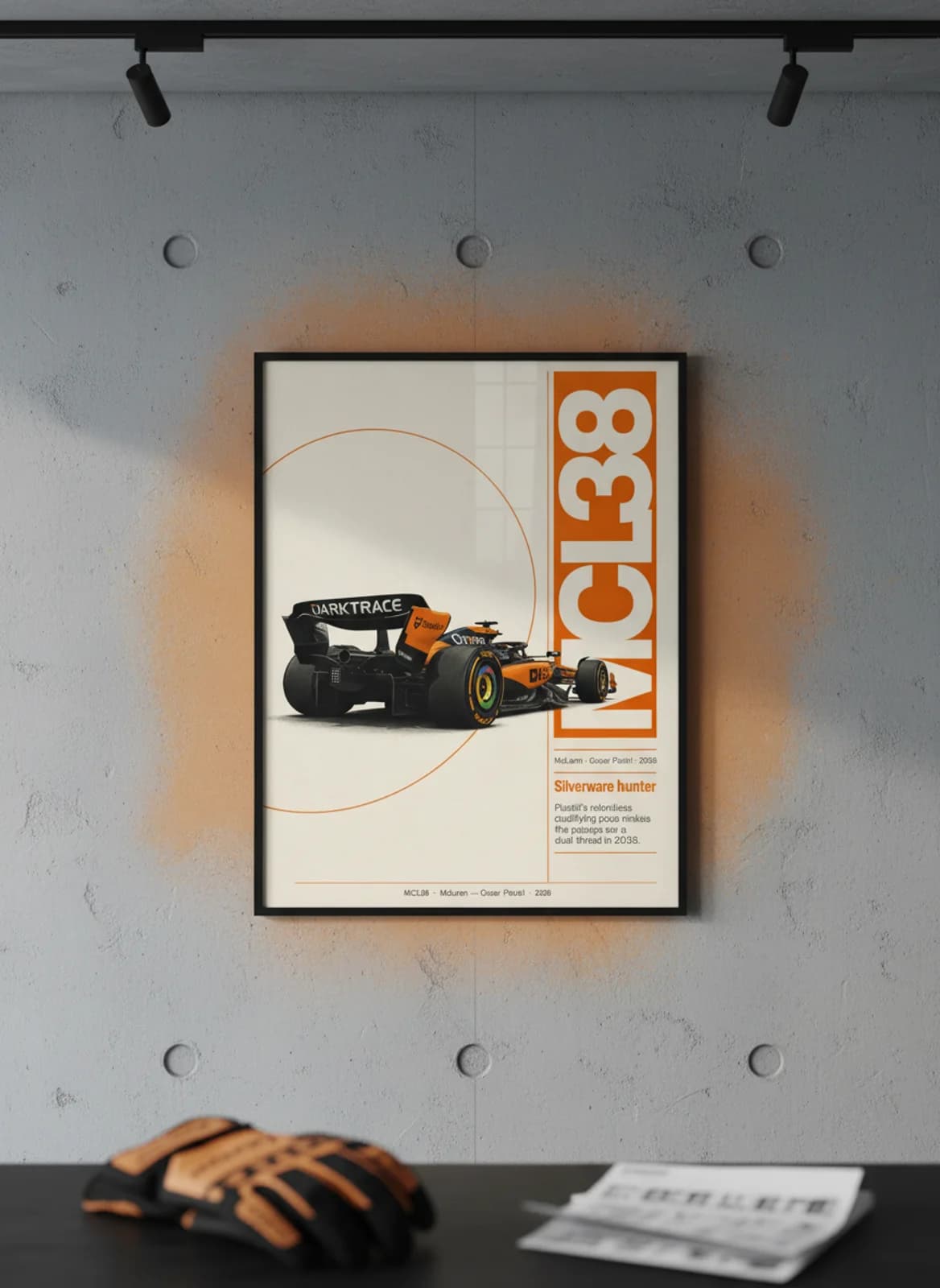 Oscar Piastri — MCL38 F1 Grid print in black A2 frame on papaya-orange editorial-slate wall — Formula 1 media room mockup