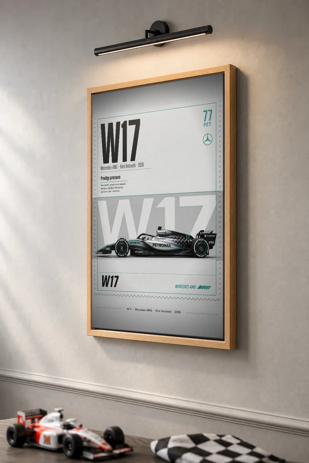 Mercedes-AMG Petronas W17 — Andrea Kimi Antonelli Poster — undefined F1 Grid Editorial Wall Art · framed A2 — the framed print shown at a three-quarter angle on a styled gallery wall in a natural-oak frame
