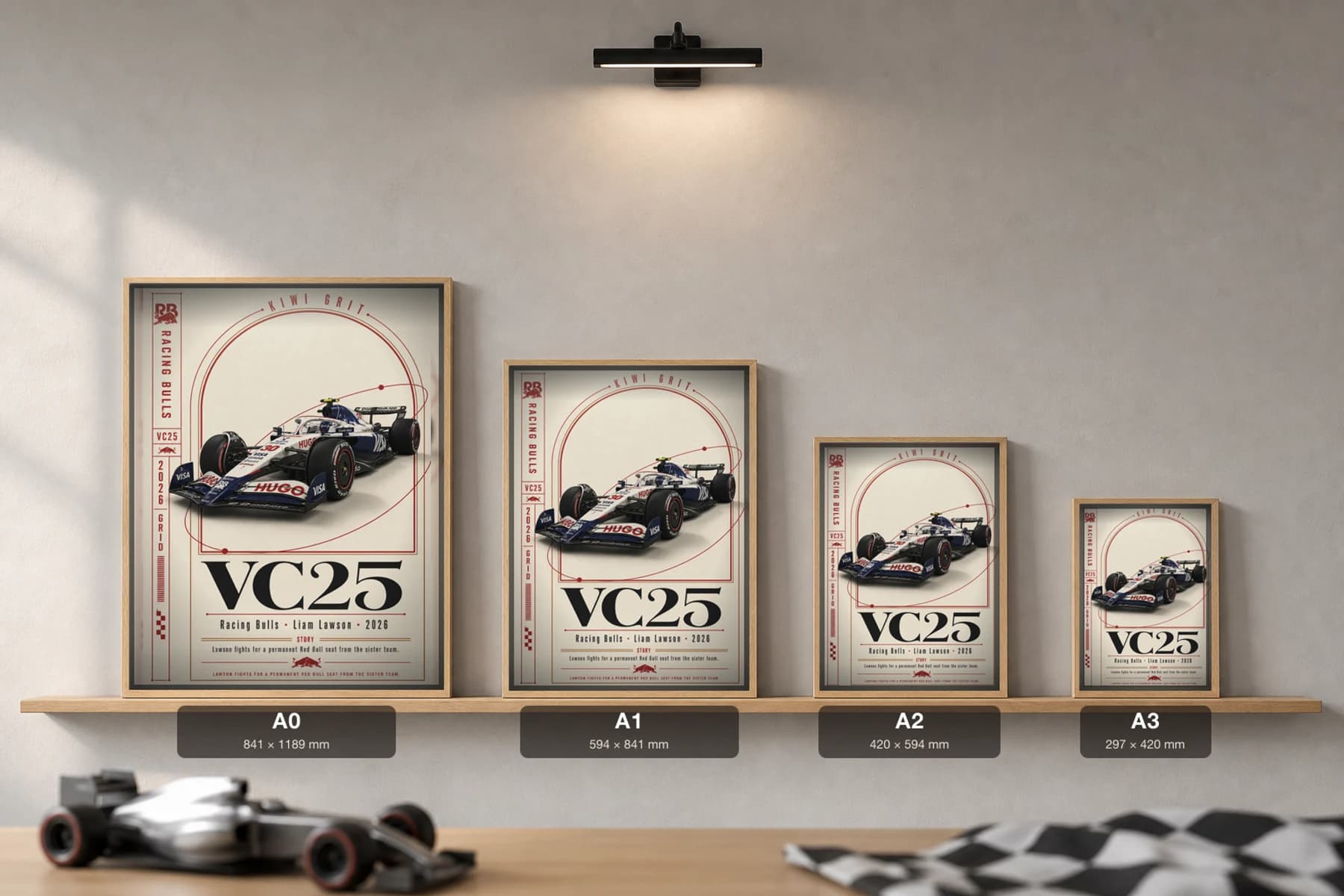 Racing Bulls VC25 — Liam Lawson Poster — undefined F1 Grid Editorial Wall Art · framed A2 — print size guide showing the artwork at A0, A1, A2 and A3 in natural-oak frames at true relative scale