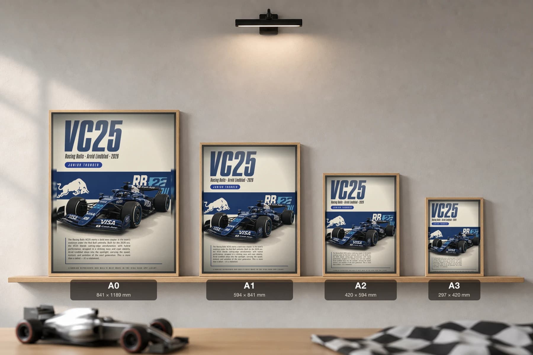 Racing Bulls VC25 — Arvid Lindblad Poster — undefined F1 Grid Editorial Wall Art · framed A2 — print size guide showing the artwork at A0, A1, A2 and A3 in natural-oak frames at true relative scale
