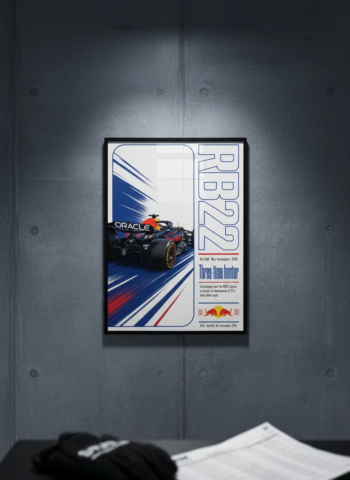 Max Verstappen — RB22 F1 Grid print in black A2 frame on bull-navy editorial-slate wall — Formula 1 media room mockup