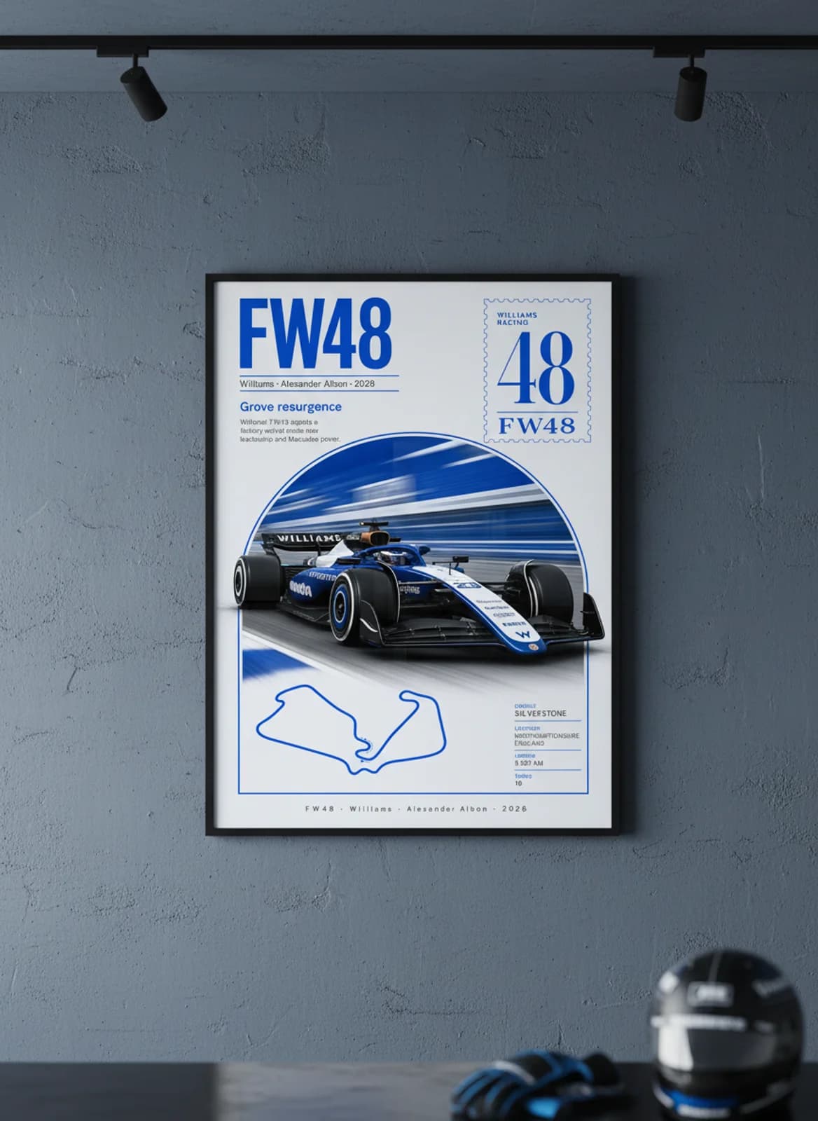 Alexander Albon — FW48 F1 Grid print in black A2 frame on williams-blue editorial-slate wall — Formula 1 media room mockup