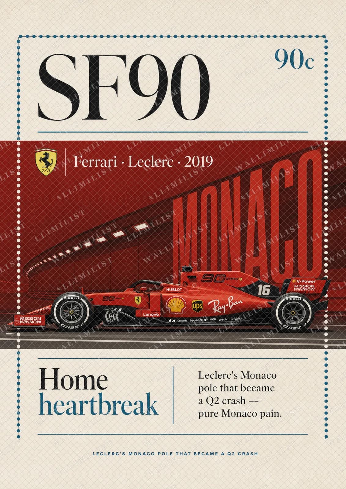 Actual watermarked print of Charles Leclerc — Monaco 2019 Ferrari pole heartbreak
