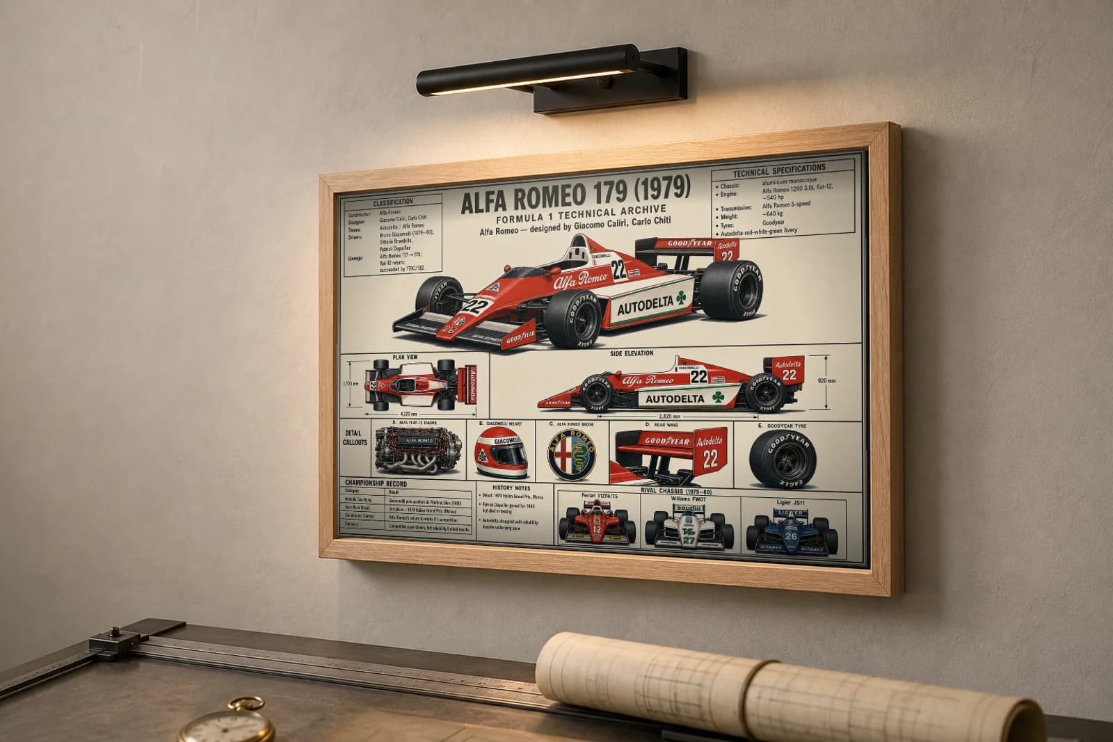 ALFA ROMEO 179 Poster — 1979 F1 Technical Archive Blueprint Wall Art · framed A2 — the framed print shown at a three-quarter angle on a styled gallery wall in a natural-oak frame