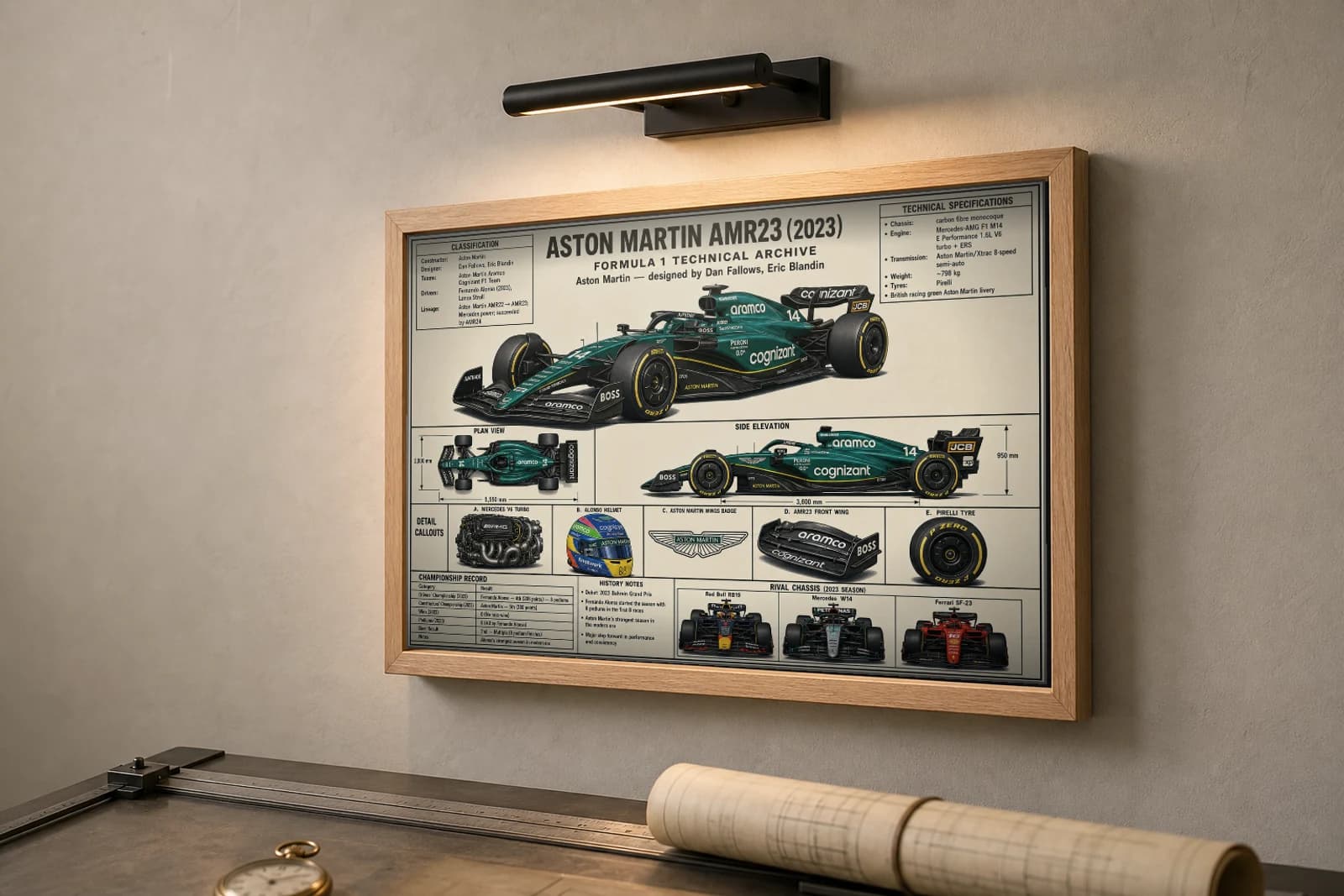 ASTON MARTIN AMR23 Poster — 2023 F1 Technical Archive Blueprint Wall Art · framed A2 — the framed print shown at a three-quarter angle on a styled gallery wall in a natural-oak frame