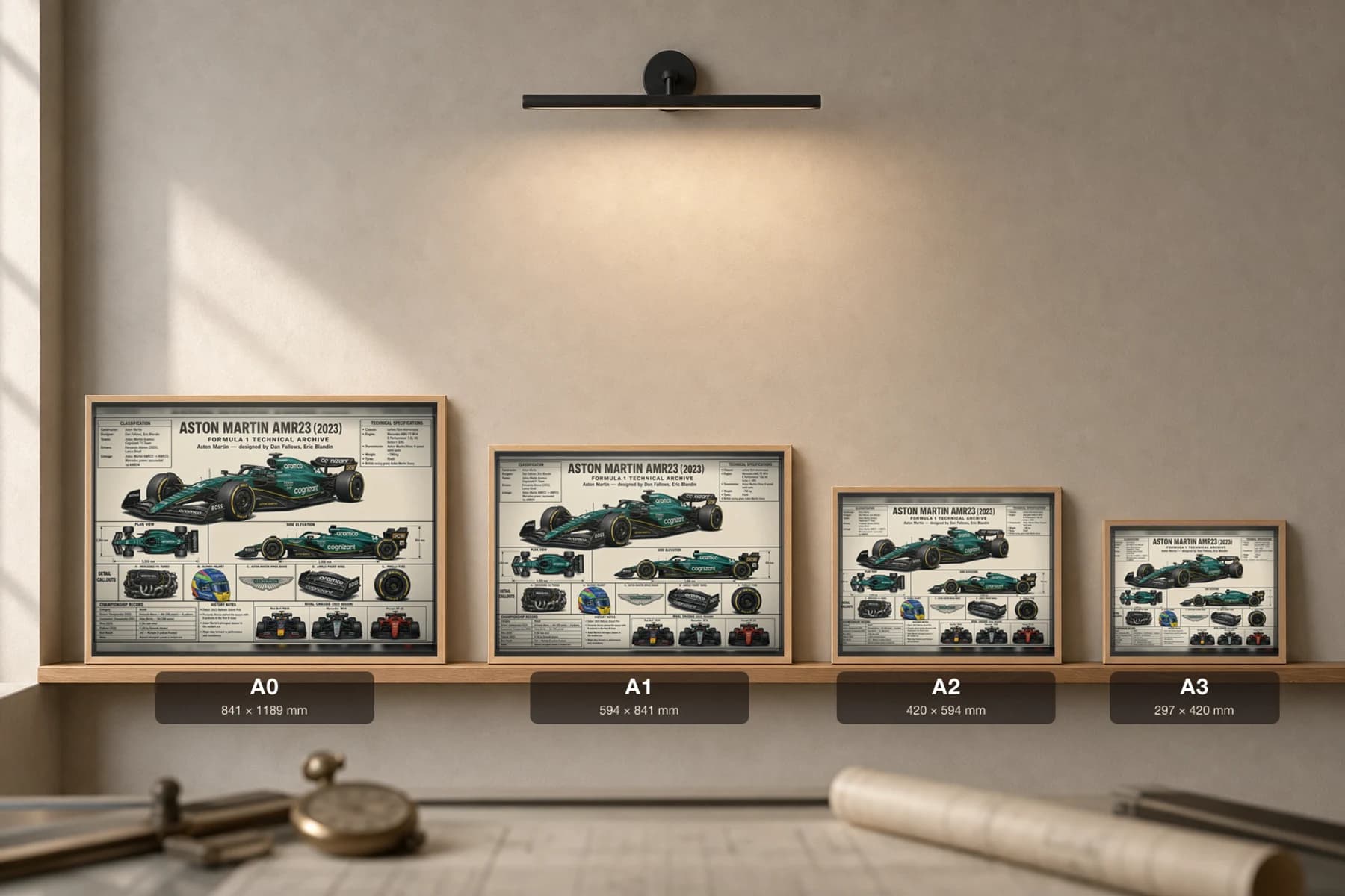 ASTON MARTIN AMR23 Poster — 2023 F1 Technical Archive Blueprint Wall Art · framed A2 — print size guide showing the artwork at A0, A1, A2 and A3 in natural-oak frames at true relative scale