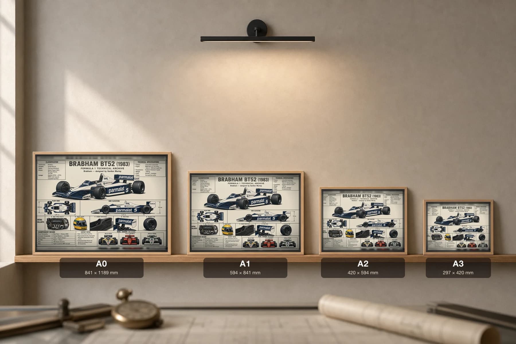 BRABHAM BT52 Poster — 1983 F1 Technical Archive Blueprint Wall Art · framed A2 — print size guide showing the artwork at A0, A1, A2 and A3 in natural-oak frames at true relative scale