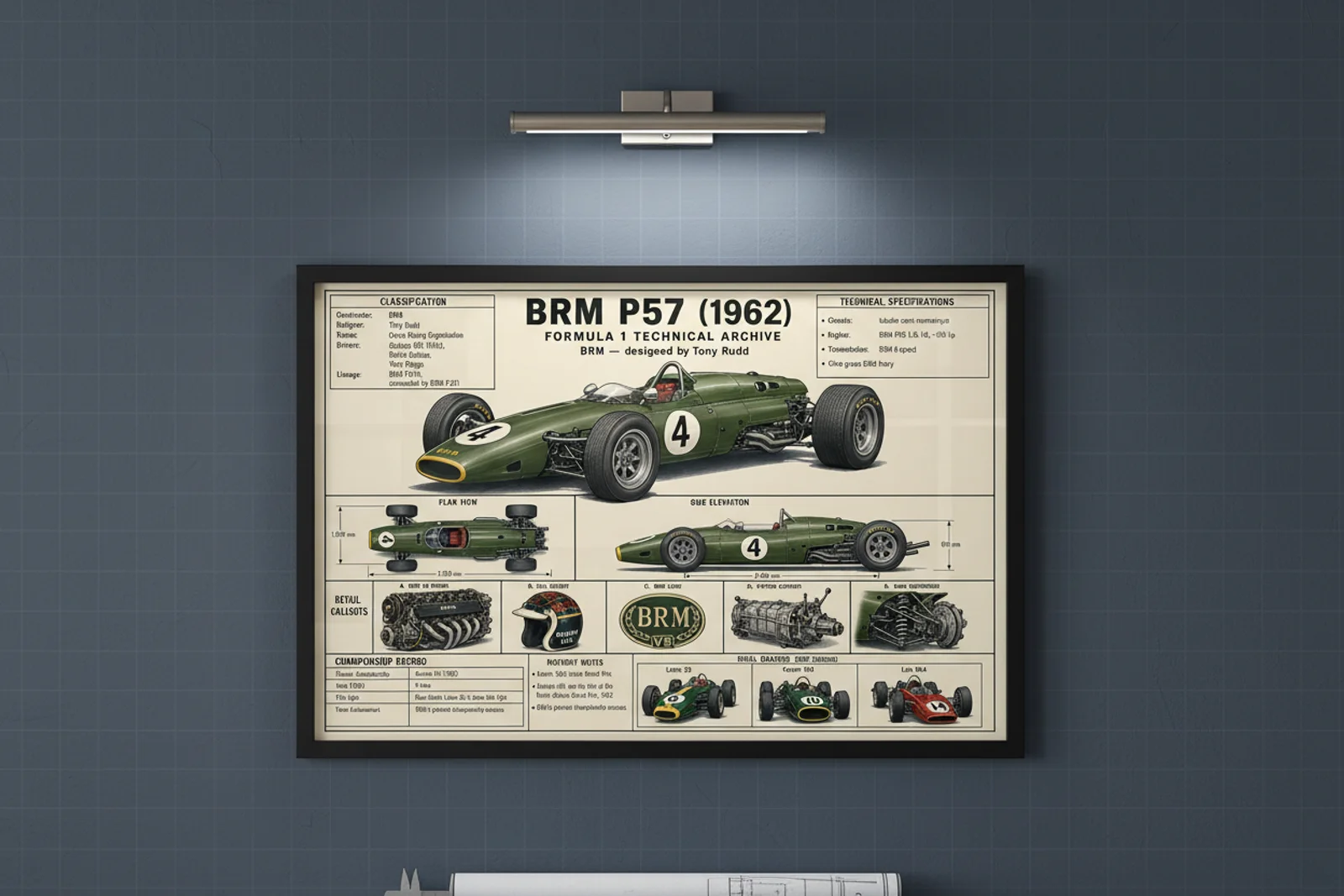 P57 F1 Technical Archive print in black A2 frame on brm-green blueprint-indigo wall — engineering studio mockup