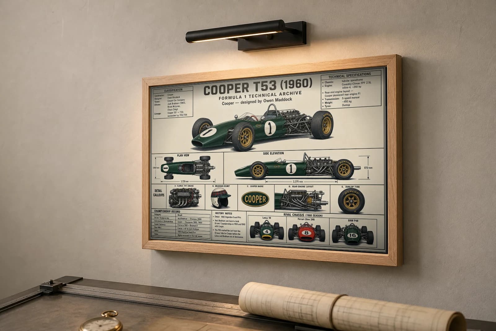COOPER T53 Poster — 1960 F1 Technical Archive Blueprint Wall Art · framed A2 — the framed print shown at a three-quarter angle on a styled gallery wall in a natural-oak frame