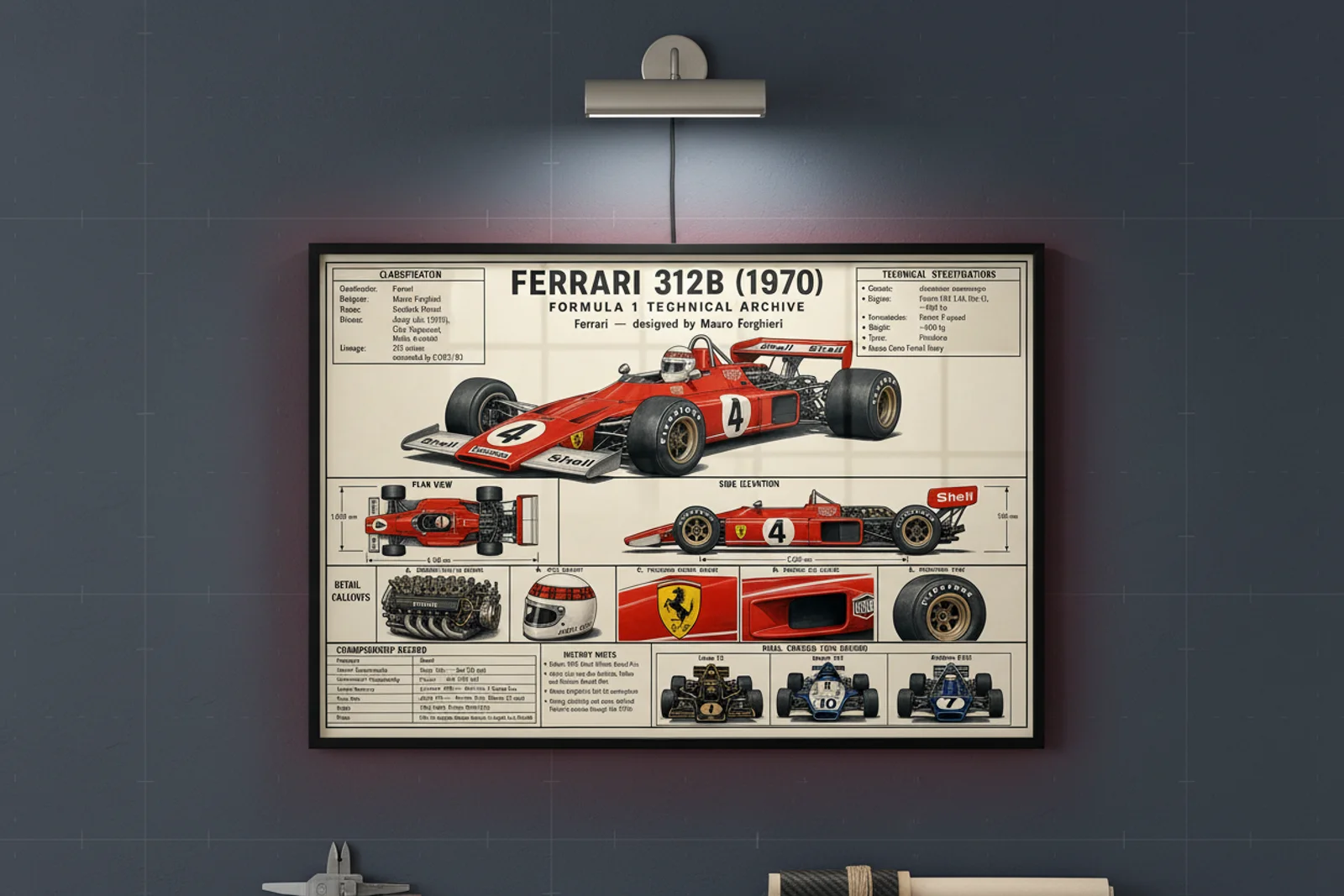 312B F1 Technical Archive print in black A2 frame on rosso-corsa blueprint-indigo wall — engineering studio mockup