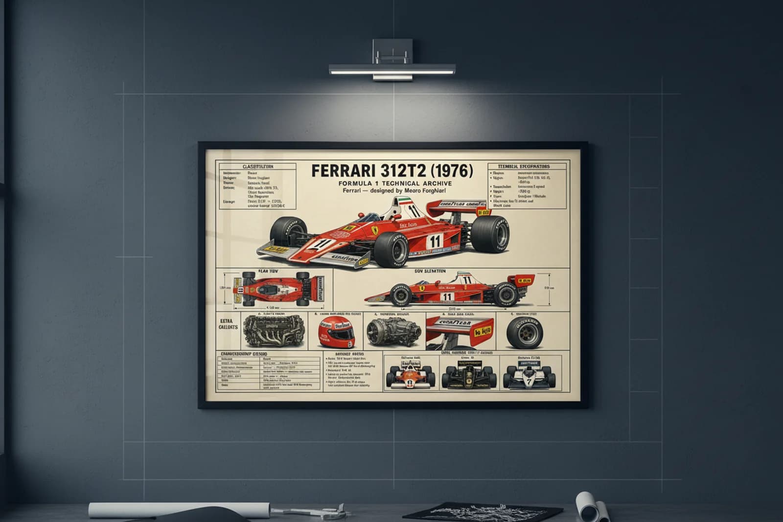 312T2 F1 Technical Archive print in black A2 frame on rosso-corsa blueprint-indigo wall — engineering studio mockup