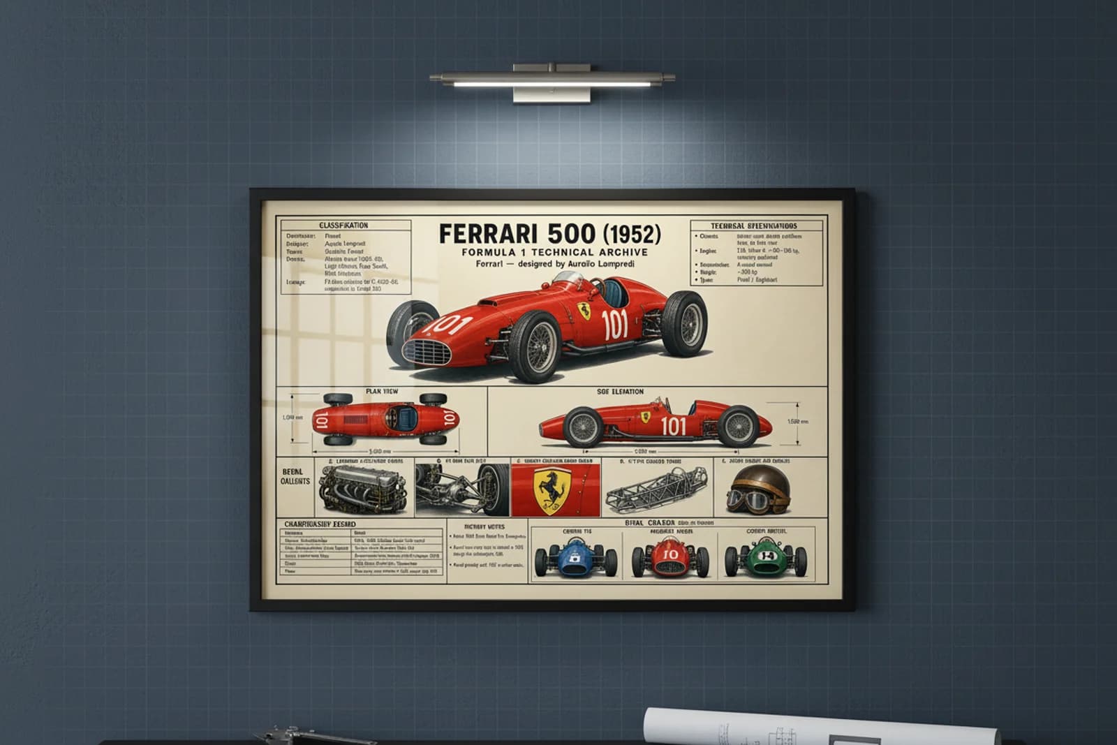500 F1 Technical Archive print in black A2 frame on rosso-corsa blueprint-indigo wall — engineering studio mockup