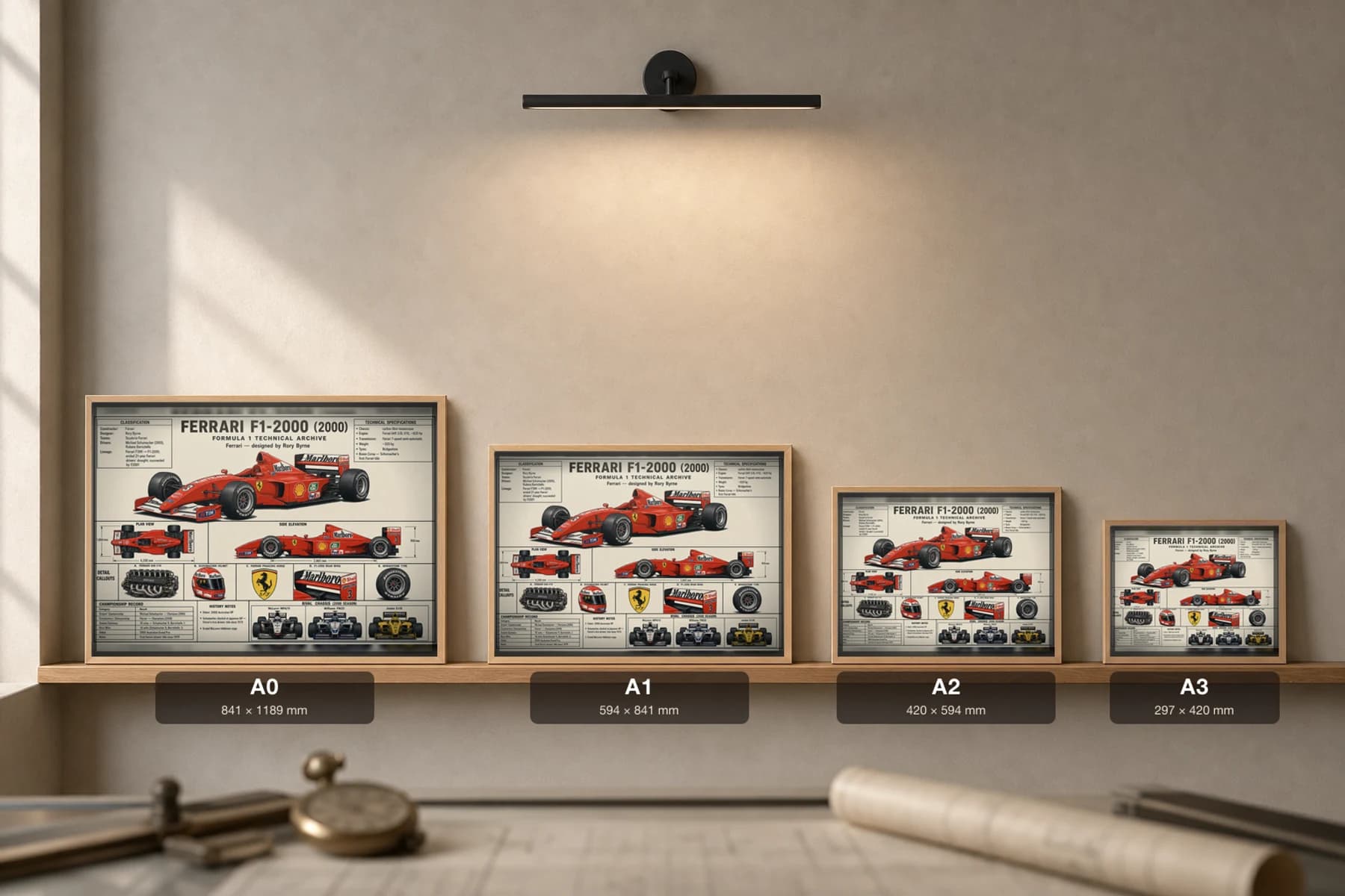 FERRARI F1-2000 Poster — 2000 F1 Technical Archive Blueprint Wall Art · framed A2 — print size guide showing the artwork at A0, A1, A2 and A3 in natural-oak frames at true relative scale