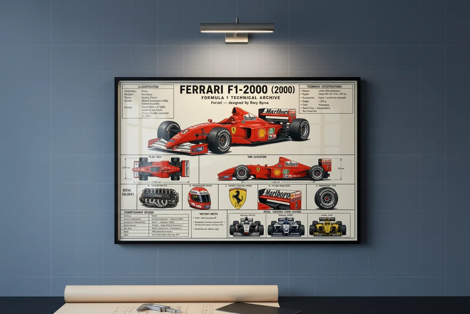 F1-2000 F1 Technical Archive print in black A2 frame on rosso-corsa blueprint-indigo wall — engineering studio mockup