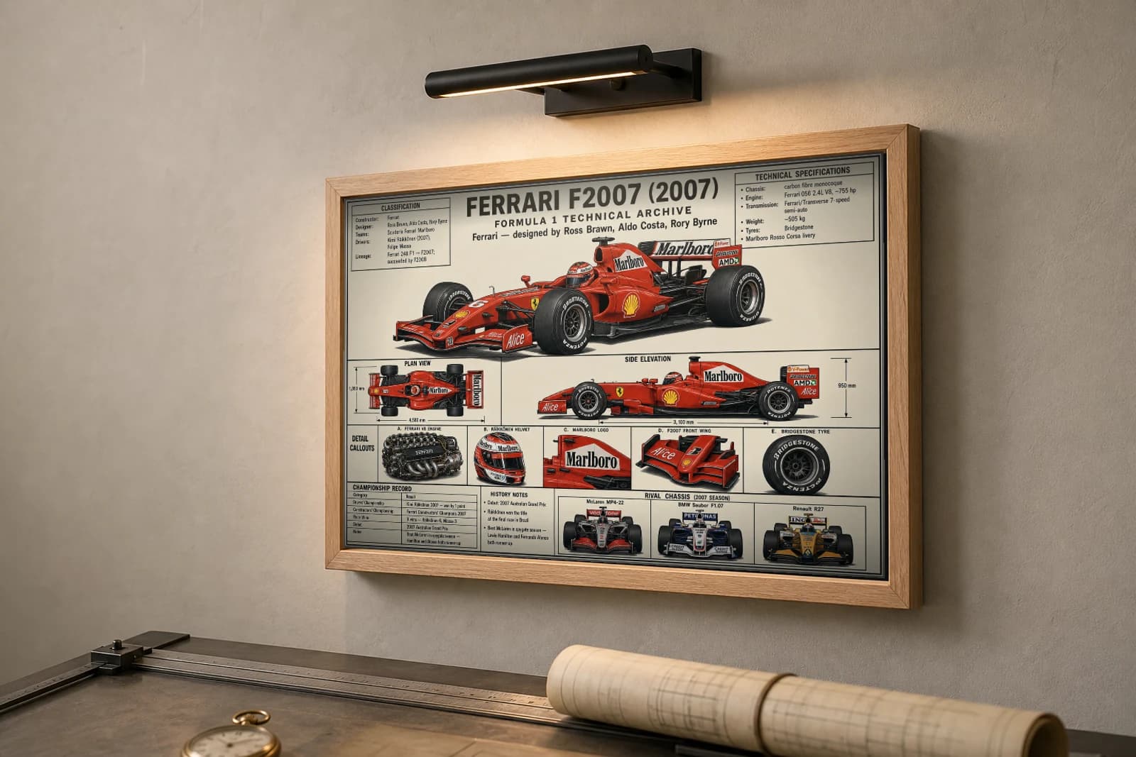FERRARI F2007 Poster — 2007 F1 Technical Archive Blueprint Wall Art · framed A2 — the framed print shown at a three-quarter angle on a styled gallery wall in a natural-oak frame