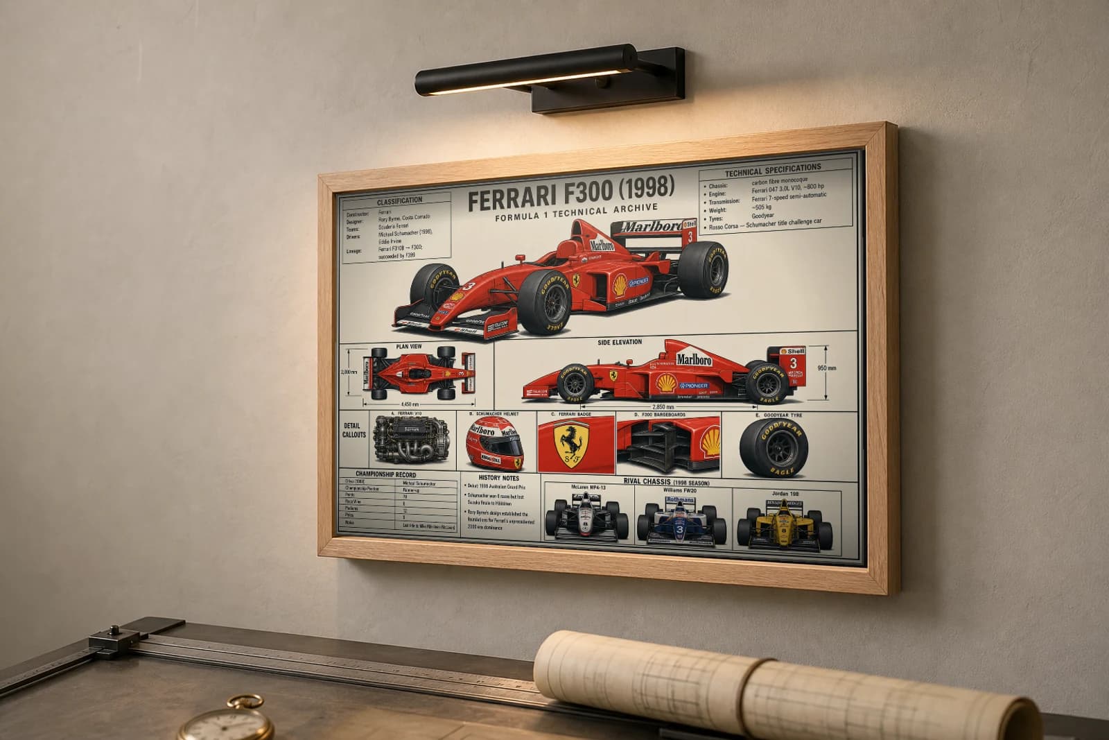 FERRARI F300 Poster — 1998 F1 Technical Archive Blueprint Wall Art · framed A2 — the framed print shown at a three-quarter angle on a styled gallery wall in a natural-oak frame