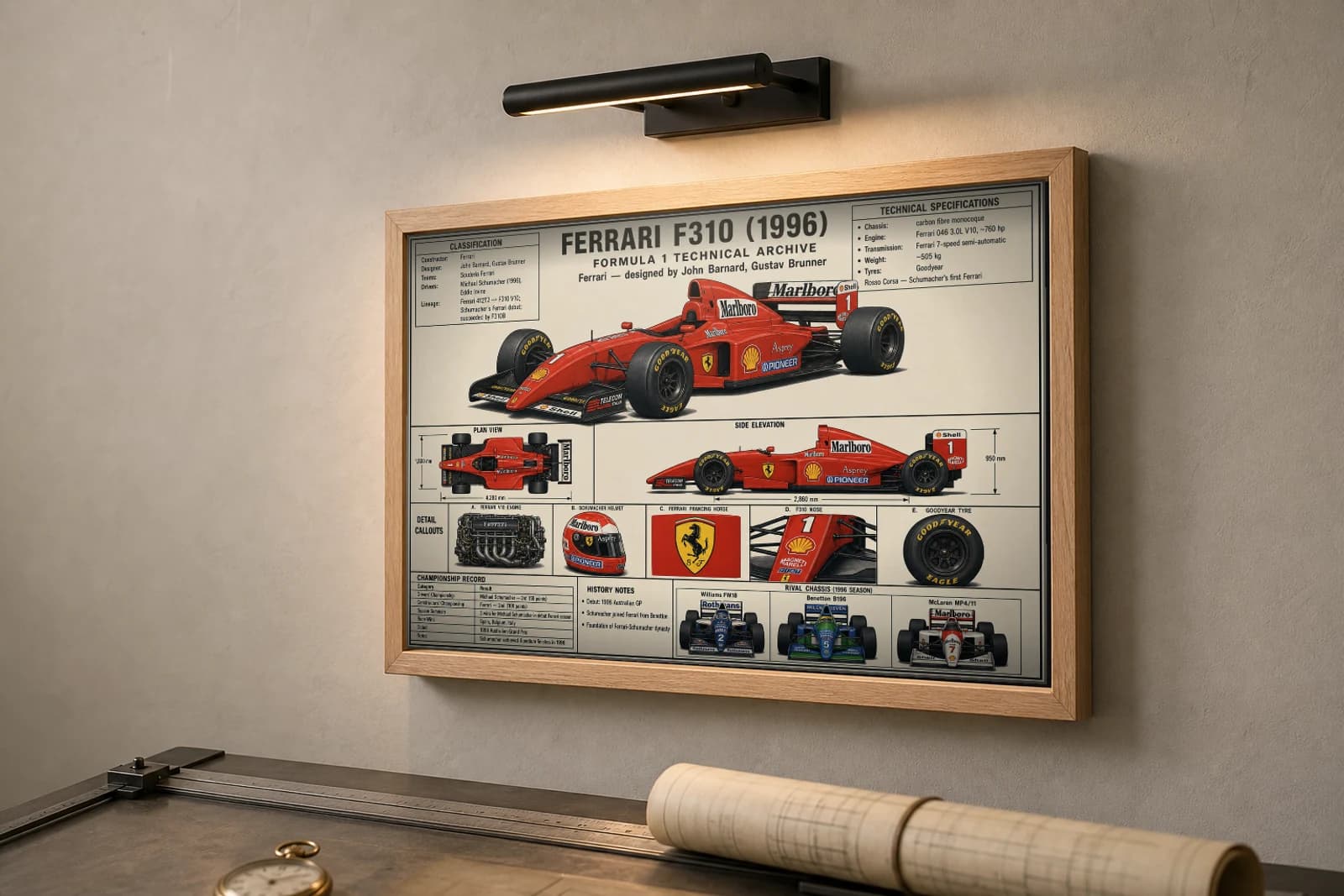 FERRARI F310 Poster — 1996 F1 Technical Archive Blueprint Wall Art · framed A2 — the framed print shown at a three-quarter angle on a styled gallery wall in a natural-oak frame