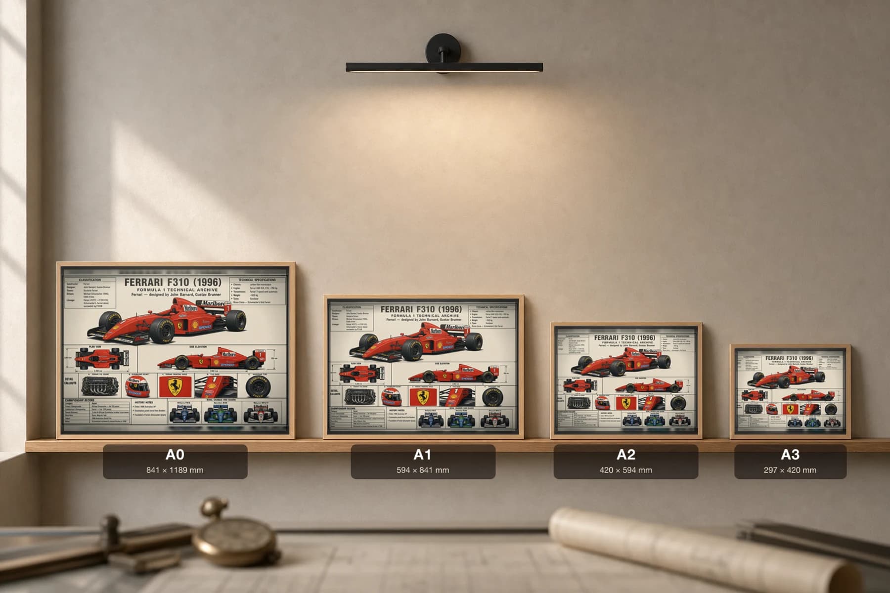FERRARI F310 Poster — 1996 F1 Technical Archive Blueprint Wall Art · framed A2 — print size guide showing the artwork at A0, A1, A2 and A3 in natural-oak frames at true relative scale