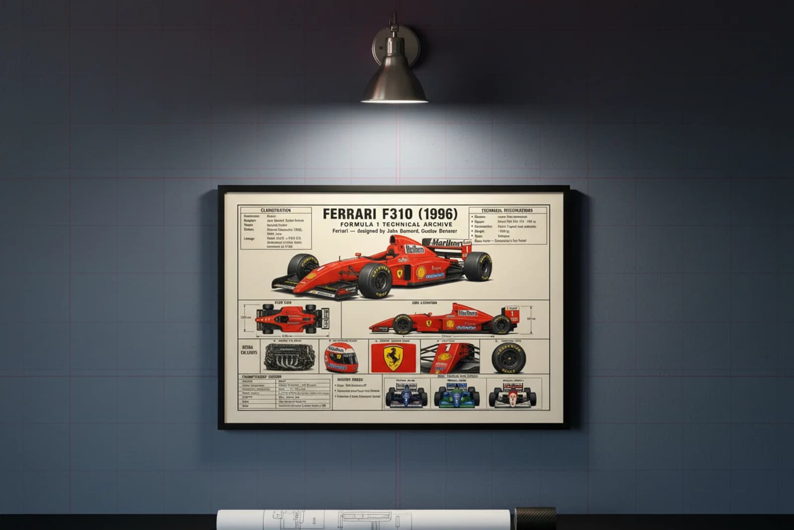 F310 F1 Technical Archive print in black A2 frame on rosso-corsa blueprint-indigo wall — engineering studio mockup