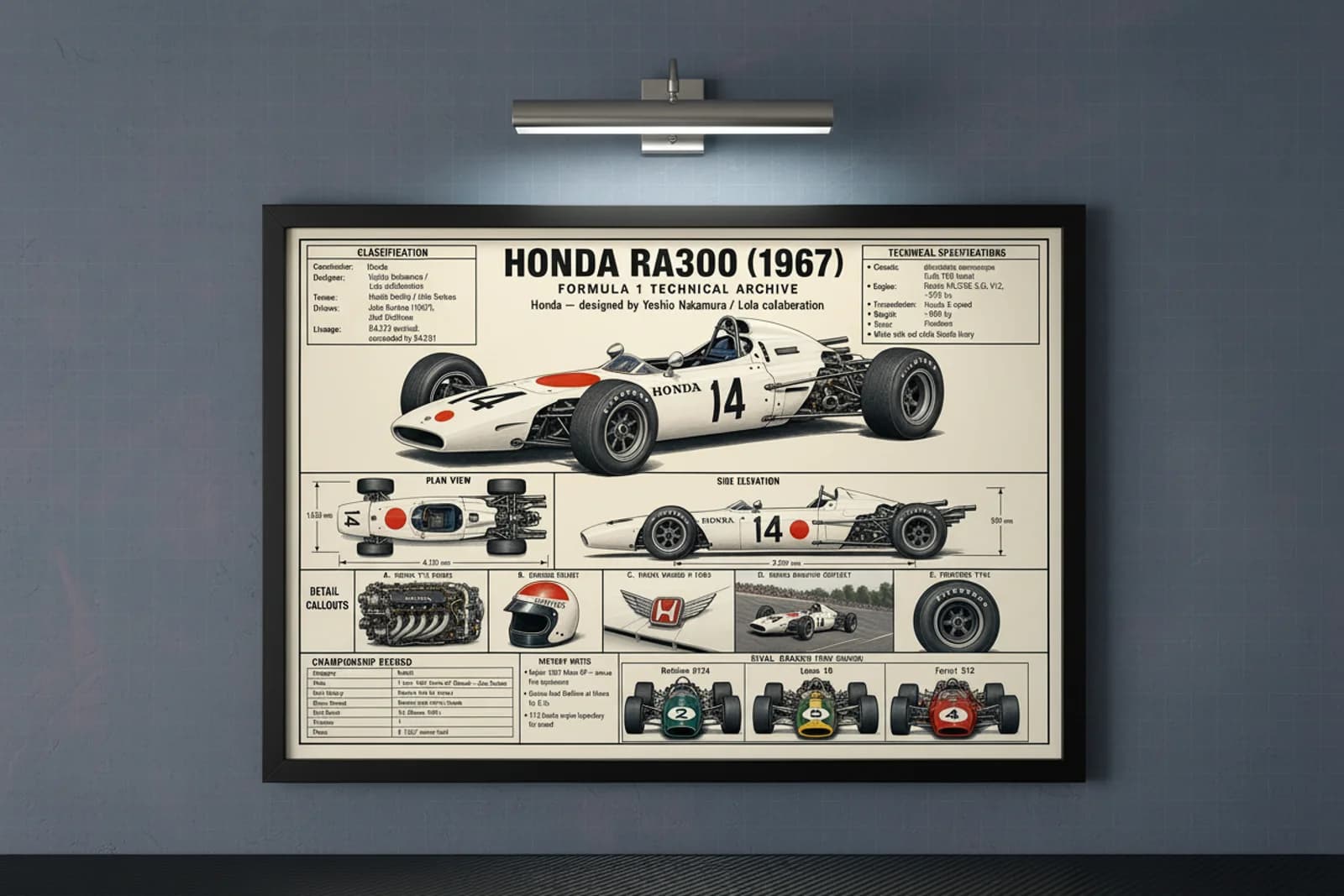 RA300 F1 Technical Archive print in black A2 frame on honda-white-red blueprint-indigo wall — engineering studio mockup
