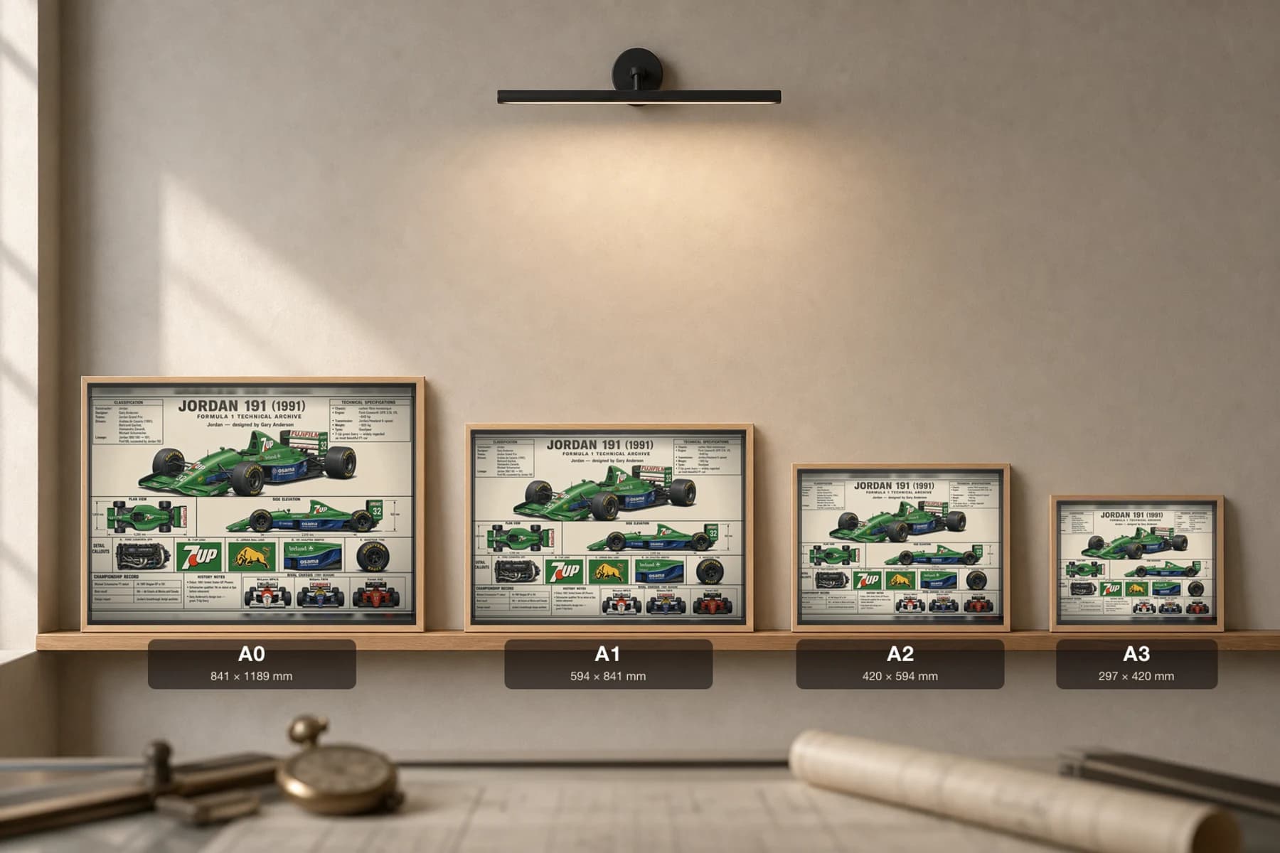 JORDAN 191 Poster — 1991 F1 Technical Archive Blueprint Wall Art · framed A2 — print size guide showing the artwork at A0, A1, A2 and A3 in natural-oak frames at true relative scale