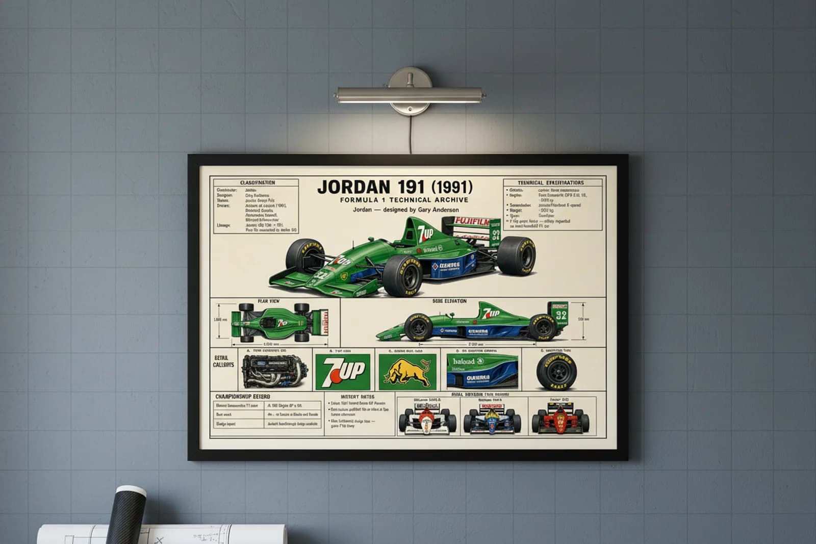 191 F1 Technical Archive print in black A2 frame on jordan-yellow blueprint-indigo wall — engineering studio mockup
