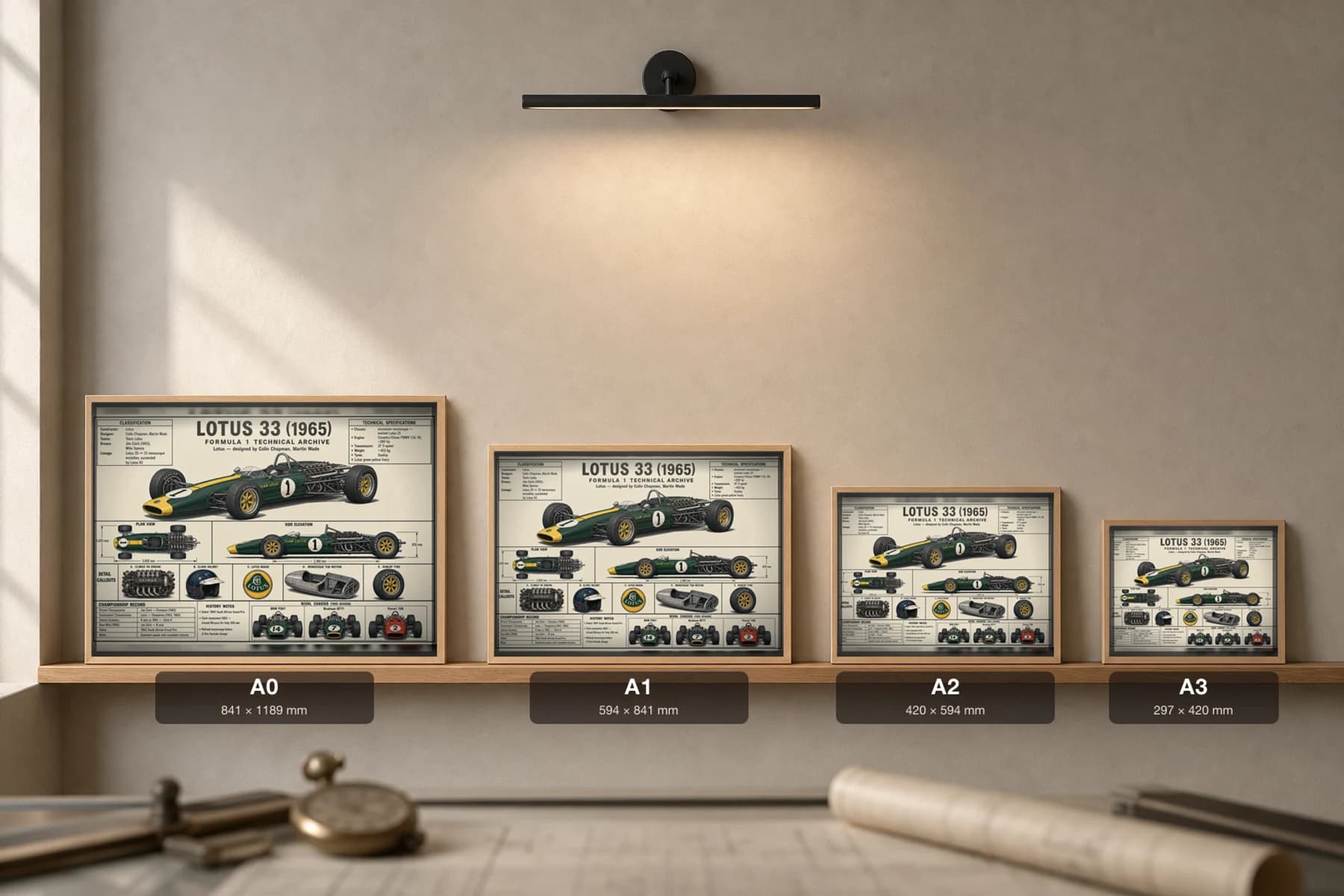 LOTUS 33 Poster — 1965 F1 Technical Archive Blueprint Wall Art · framed A2 — print size guide showing the artwork at A0, A1, A2 and A3 in natural-oak frames at true relative scale