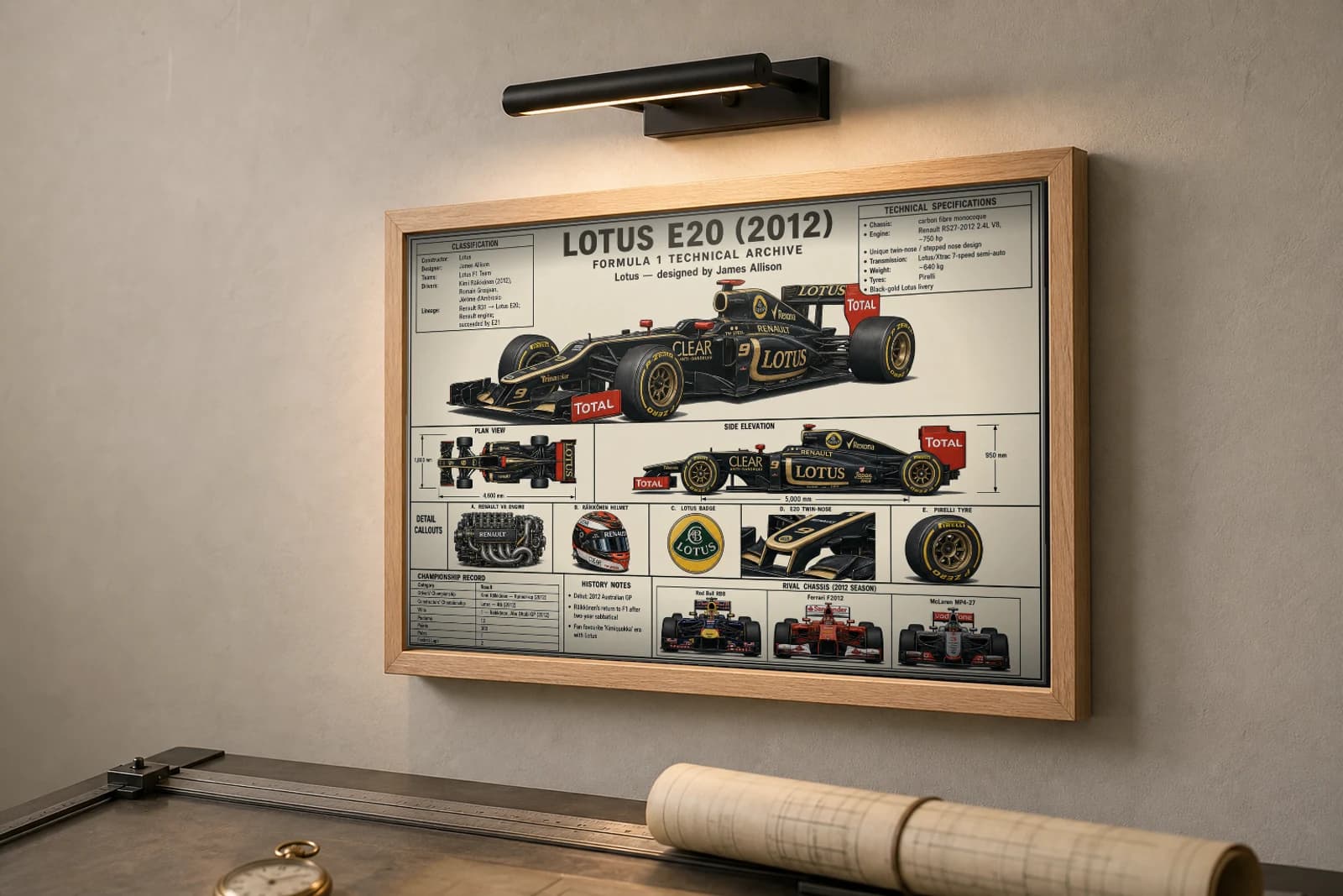 LOTUS E20 Poster — 2012 F1 Technical Archive Blueprint Wall Art · framed A2 — the framed print shown at a three-quarter angle on a styled gallery wall in a natural-oak frame