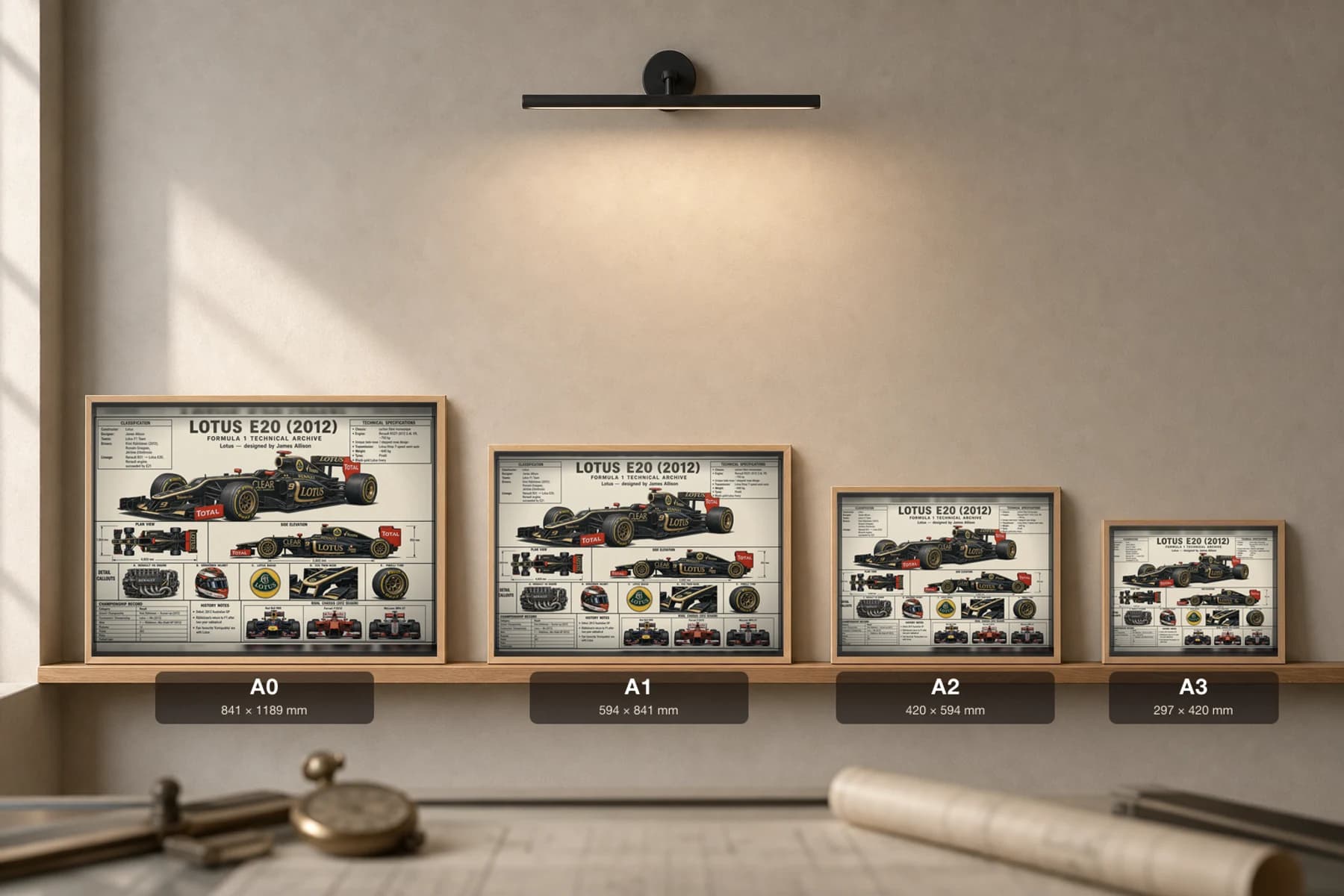 LOTUS E20 Poster — 2012 F1 Technical Archive Blueprint Wall Art · framed A2 — print size guide showing the artwork at A0, A1, A2 and A3 in natural-oak frames at true relative scale