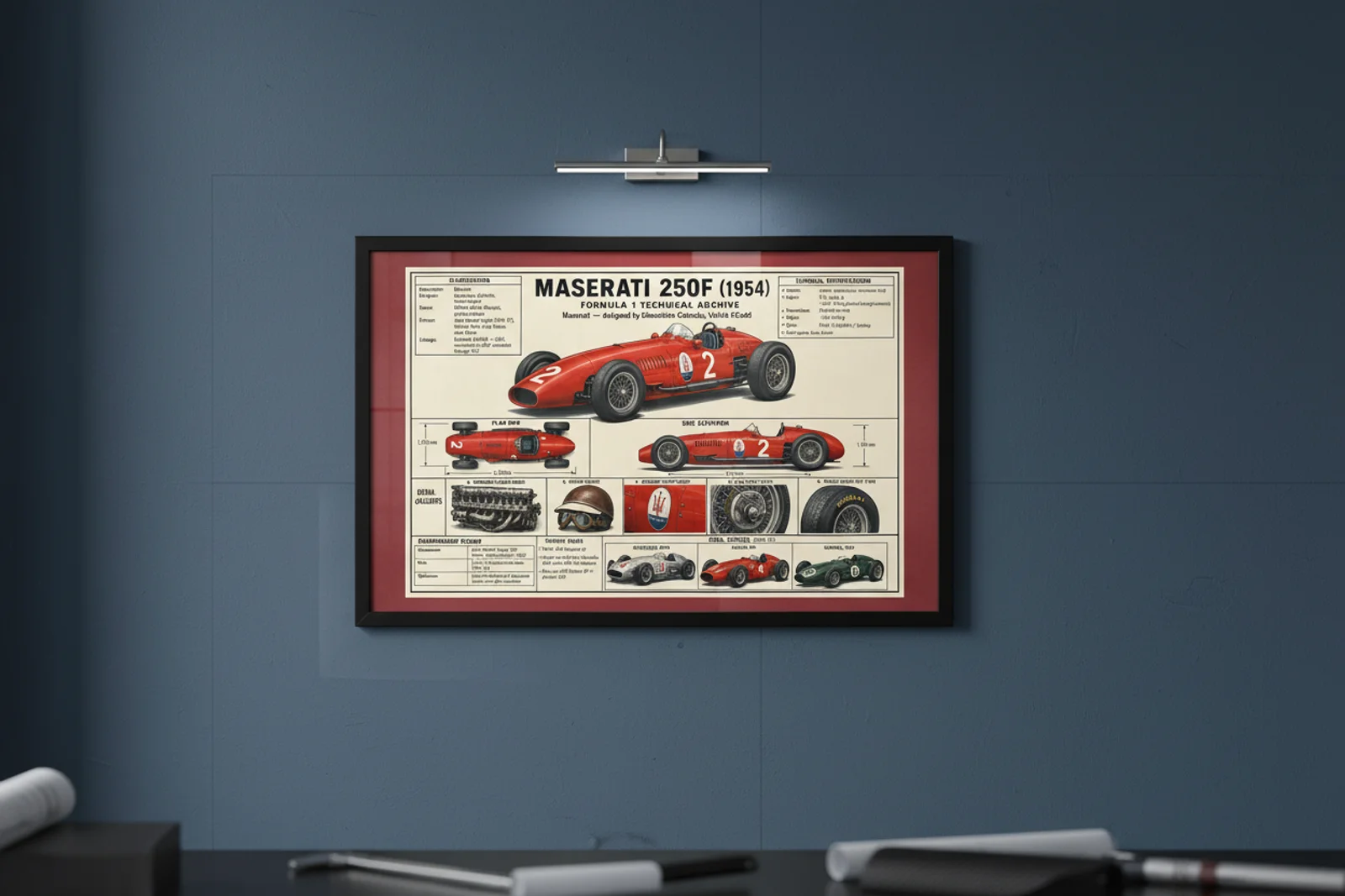 250F F1 Technical Archive print in black A2 frame on maserati-red blueprint-indigo wall — engineering studio mockup