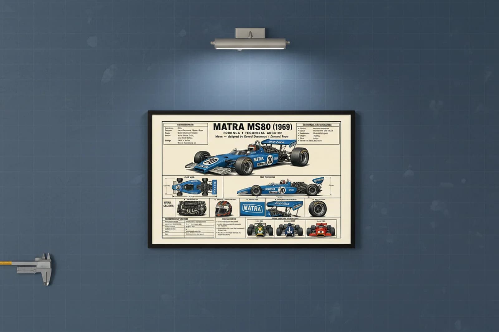 MS80 F1 Technical Archive print in black A2 frame on constructor-accent blueprint-indigo wall — engineering studio mockup