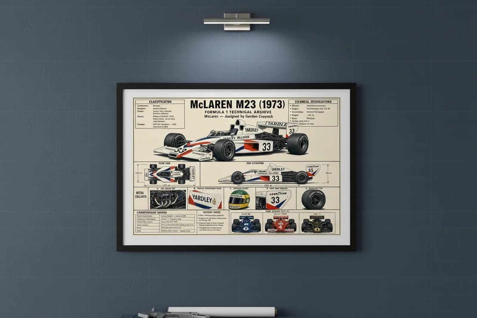 M23 F1 Technical Archive print in black A2 frame on papaya-orange blueprint-indigo wall — engineering studio mockup