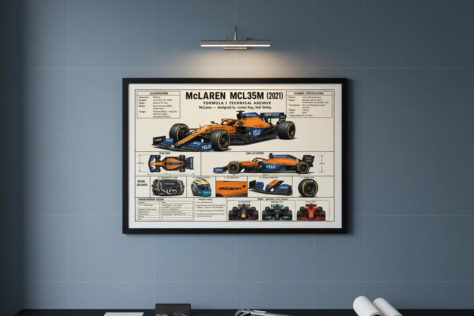 MCL35M F1 Technical Archive print in black A2 frame on papaya-orange blueprint-indigo wall — engineering studio mockup