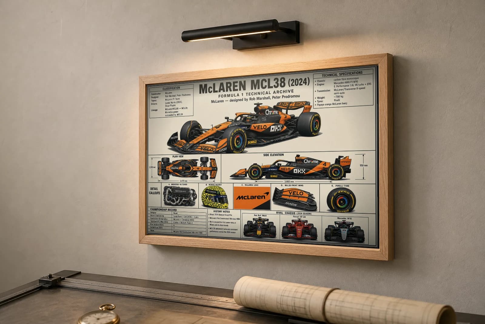 McLAREN MCL38 Poster — 2024 F1 Technical Archive Blueprint Wall Art · framed A2 — the framed print shown at a three-quarter angle on a styled gallery wall in a natural-oak frame